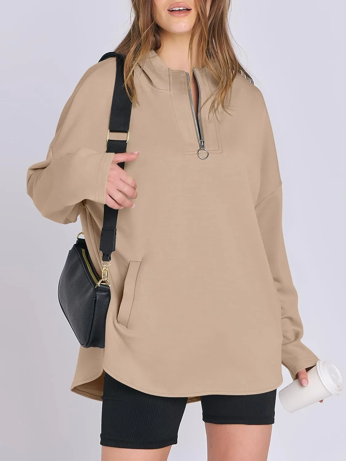 Womens Oversized Hoodie Quarter Zip Sweatshirts 2024 Fall Tunic Pullover Top Trendy Teen Girls Preppy Clothes