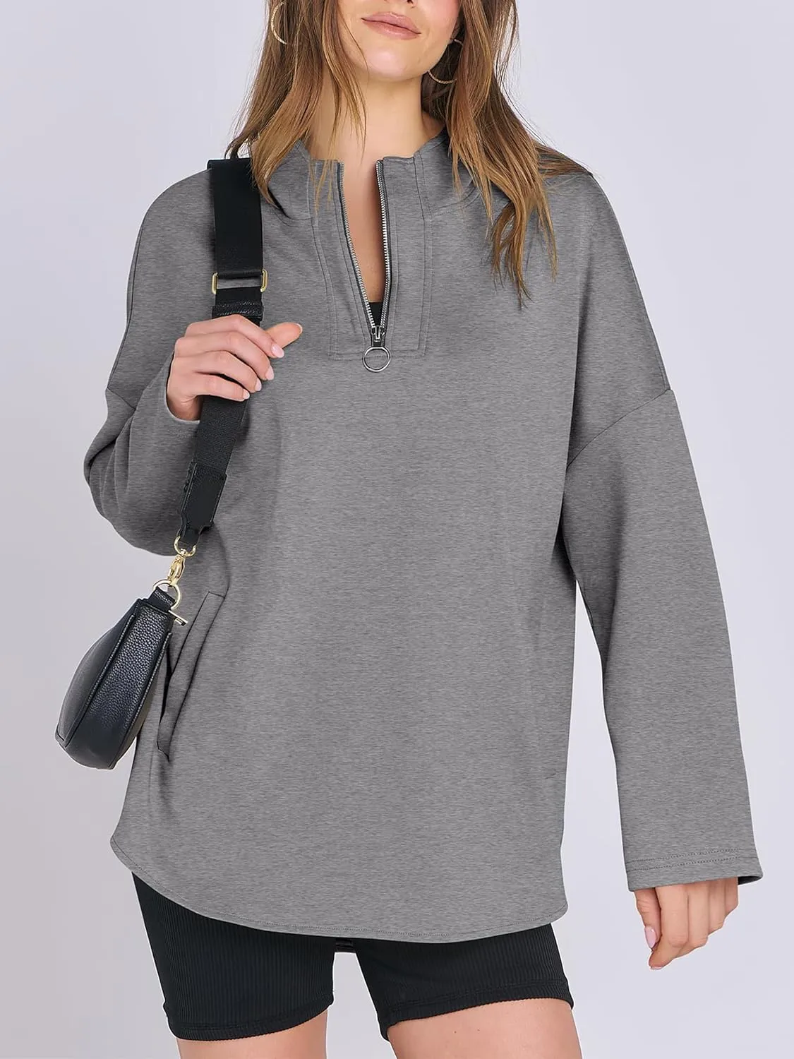 Womens Oversized Hoodie Quarter Zip Sweatshirts 2024 Fall Tunic Pullover Top Trendy Teen Girls Preppy Clothes