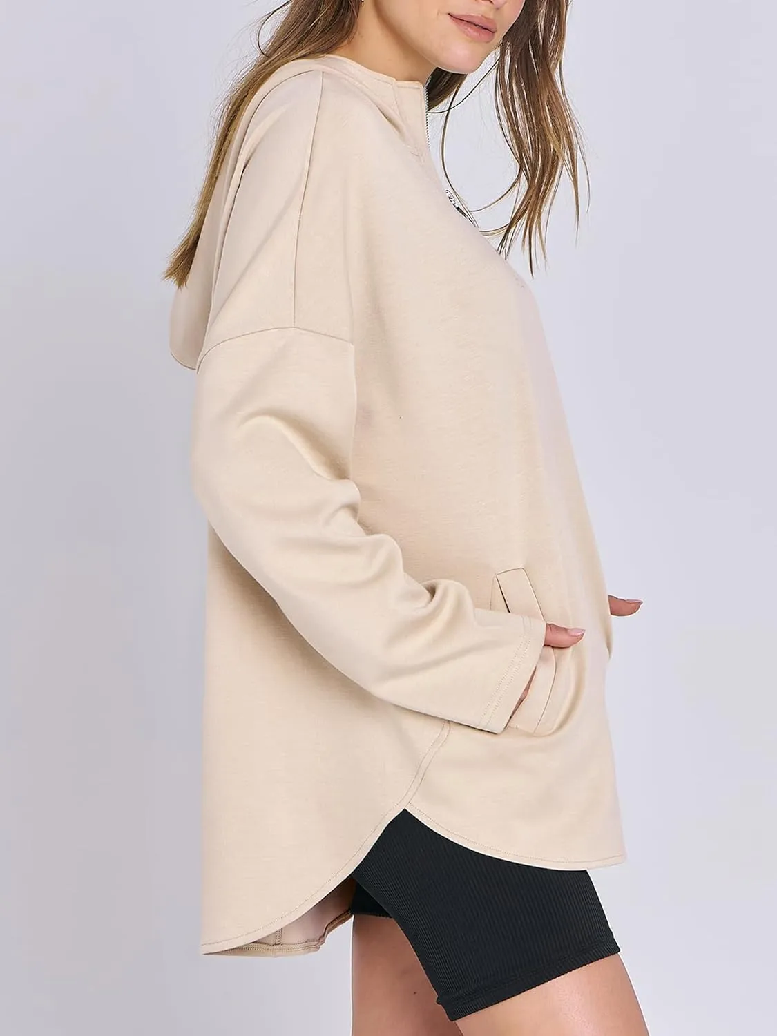 Womens Oversized Hoodie Quarter Zip Sweatshirts 2024 Fall Tunic Pullover Top Trendy Teen Girls Preppy Clothes