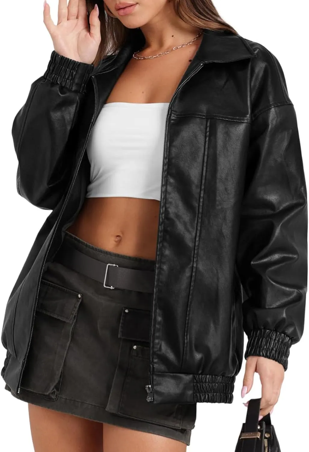 Womens Oversized Leather Jackets Motorcycle Bomber Coats Fall Fashion Outfits Zip Up Leather Jackets for Women 2024