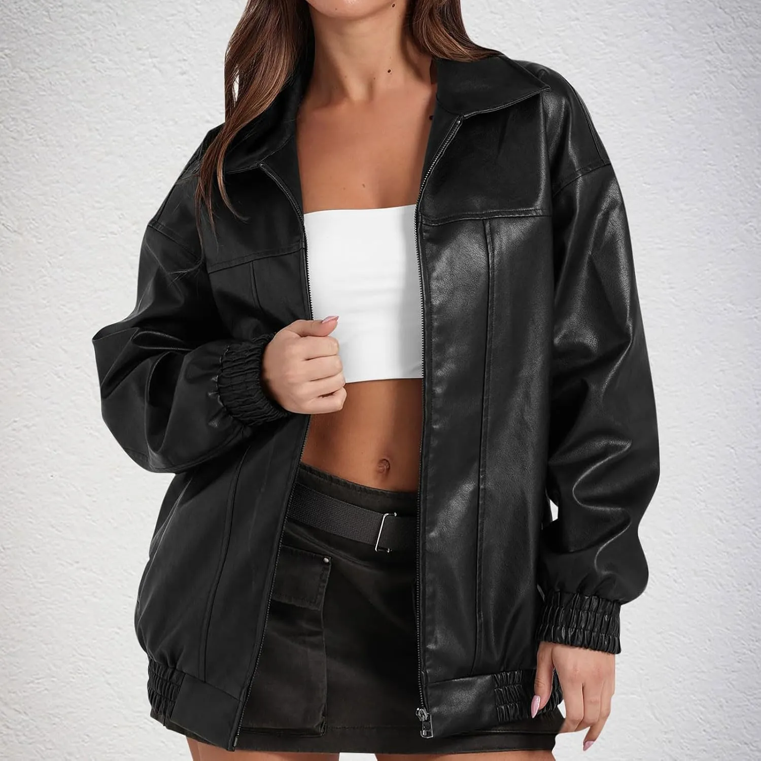 Womens Oversized Leather Jackets Motorcycle Bomber Coats Fall Fashion Outfits Zip Up Leather Jackets for Women 2024