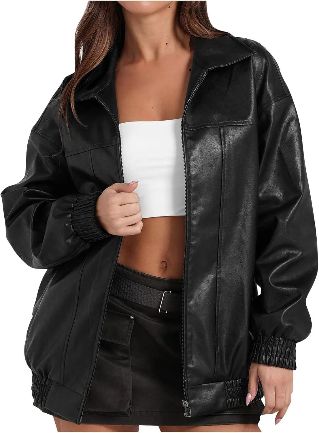 Womens Oversized Leather Jackets Motorcycle Bomber Coats Fall Fashion Outfits Zip Up Leather Jackets for Women 2024