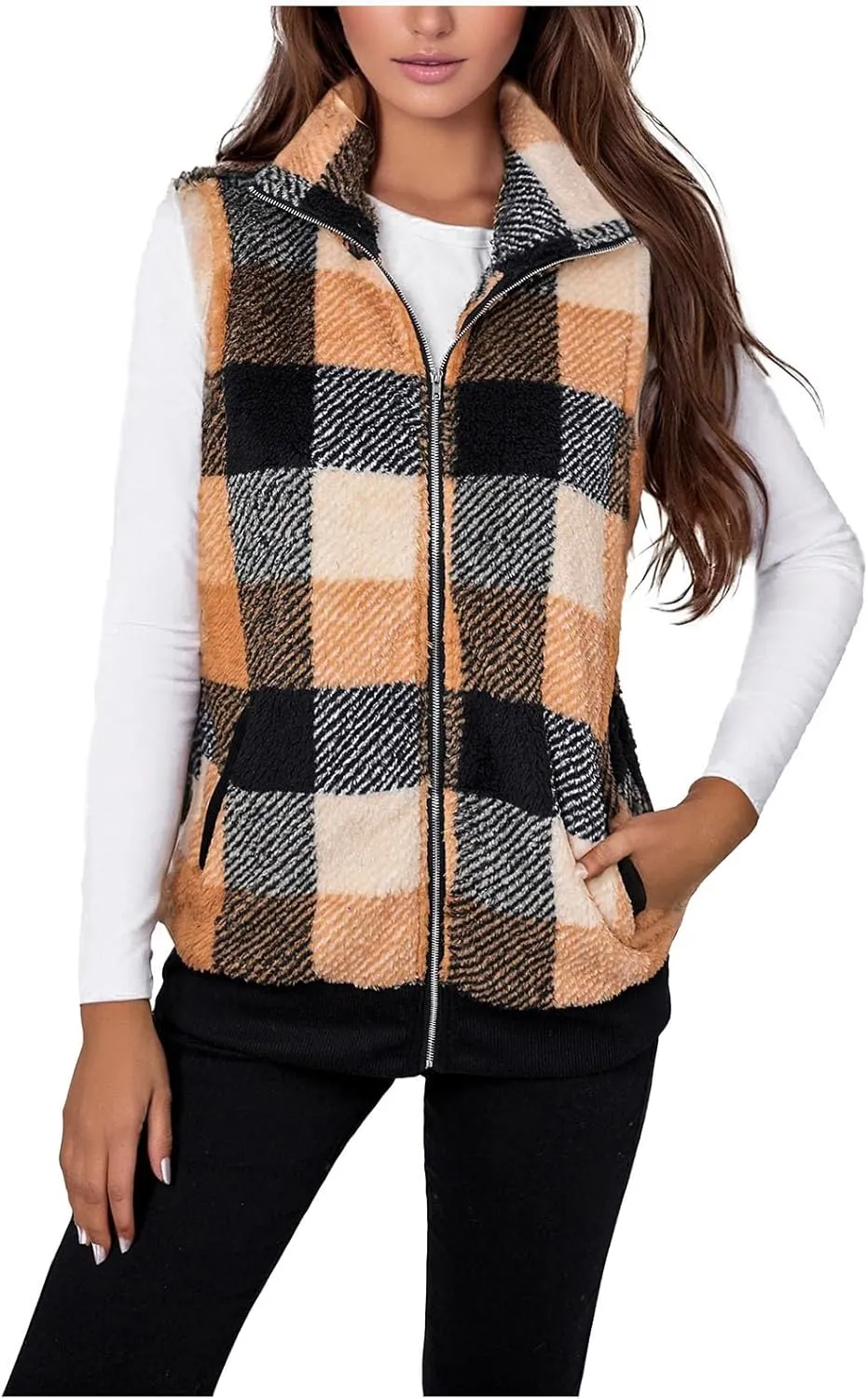 Women's Plaid Jacket 2024 Winter Patchwork Cardigans Open Front Coat Sleeveless Lapel Sherpa Crop Fashion Outwear