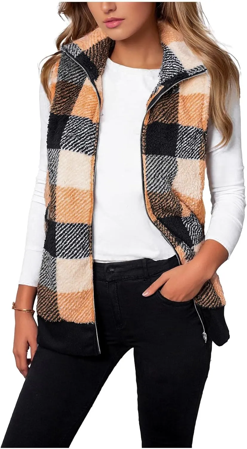 Women's Plaid Jacket 2024 Winter Patchwork Cardigans Open Front Coat Sleeveless Lapel Sherpa Crop Fashion Outwear