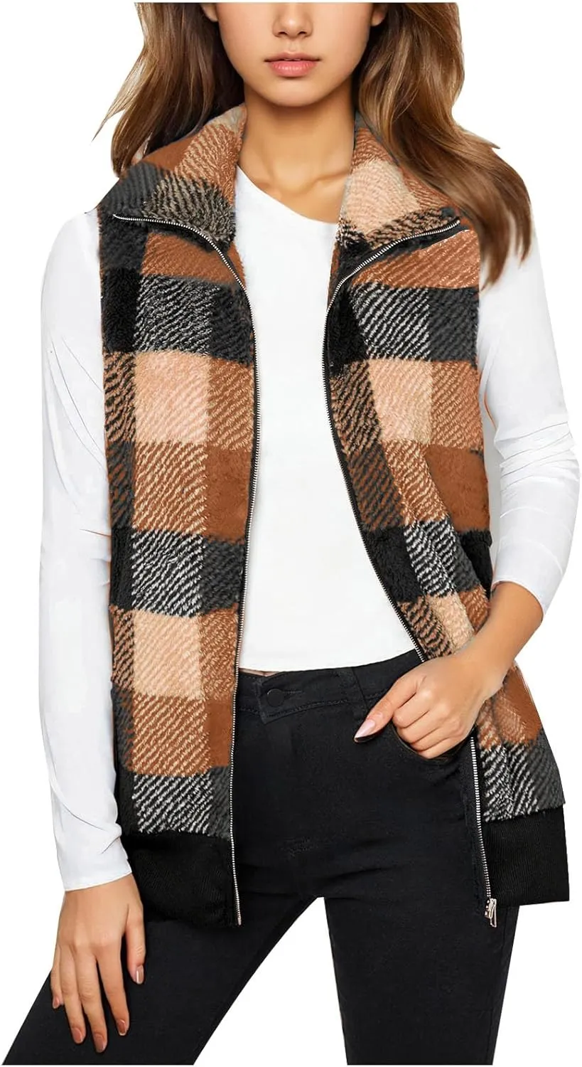 Women's Plaid Jacket 2024 Winter Patchwork Cardigans Open Front Coat Sleeveless Lapel Sherpa Crop Fashion Outwear