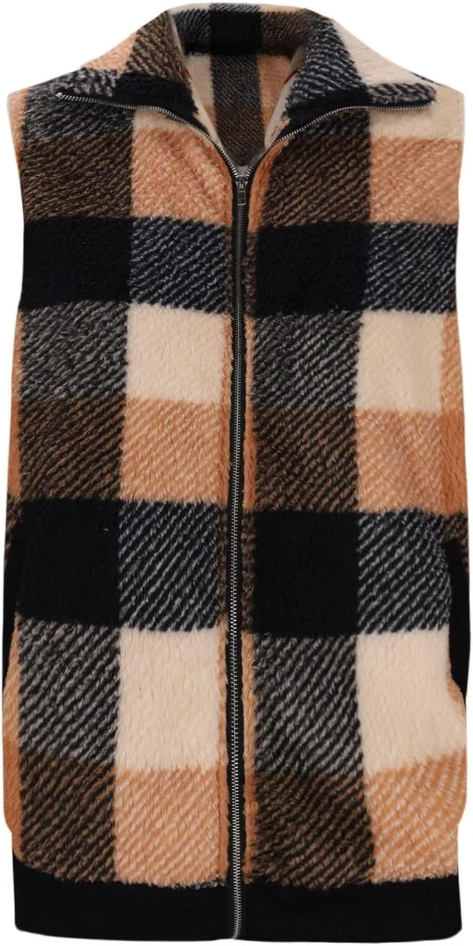 Women's Plaid Jacket 2024 Winter Patchwork Cardigans Open Front Coat Sleeveless Lapel Sherpa Crop Fashion Outwear