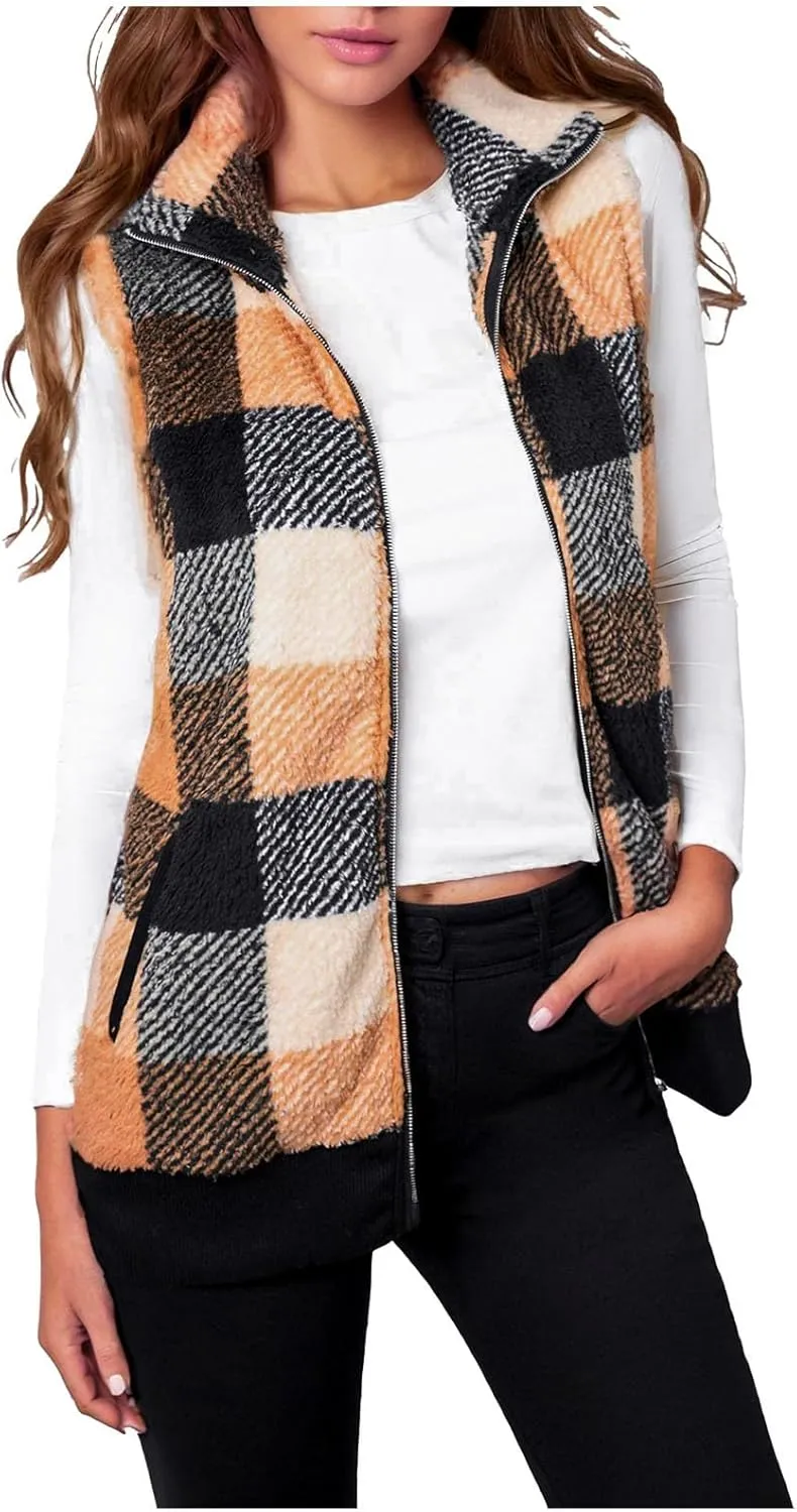 Women's Plaid Jacket 2024 Winter Patchwork Cardigans Open Front Coat Sleeveless Lapel Sherpa Crop Fashion Outwear
