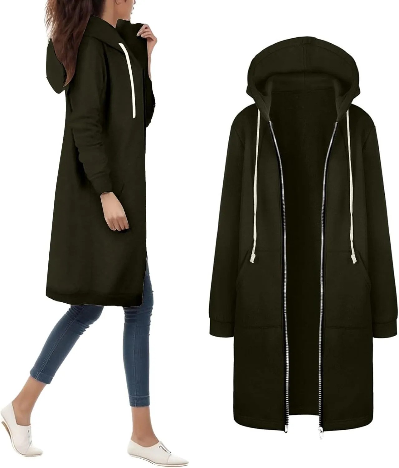 Women's Plus Size Hooded Coat Long Zipper Sweatshirts Lightweight Fall Jacket Fashion Trendy Casual Trench Coat