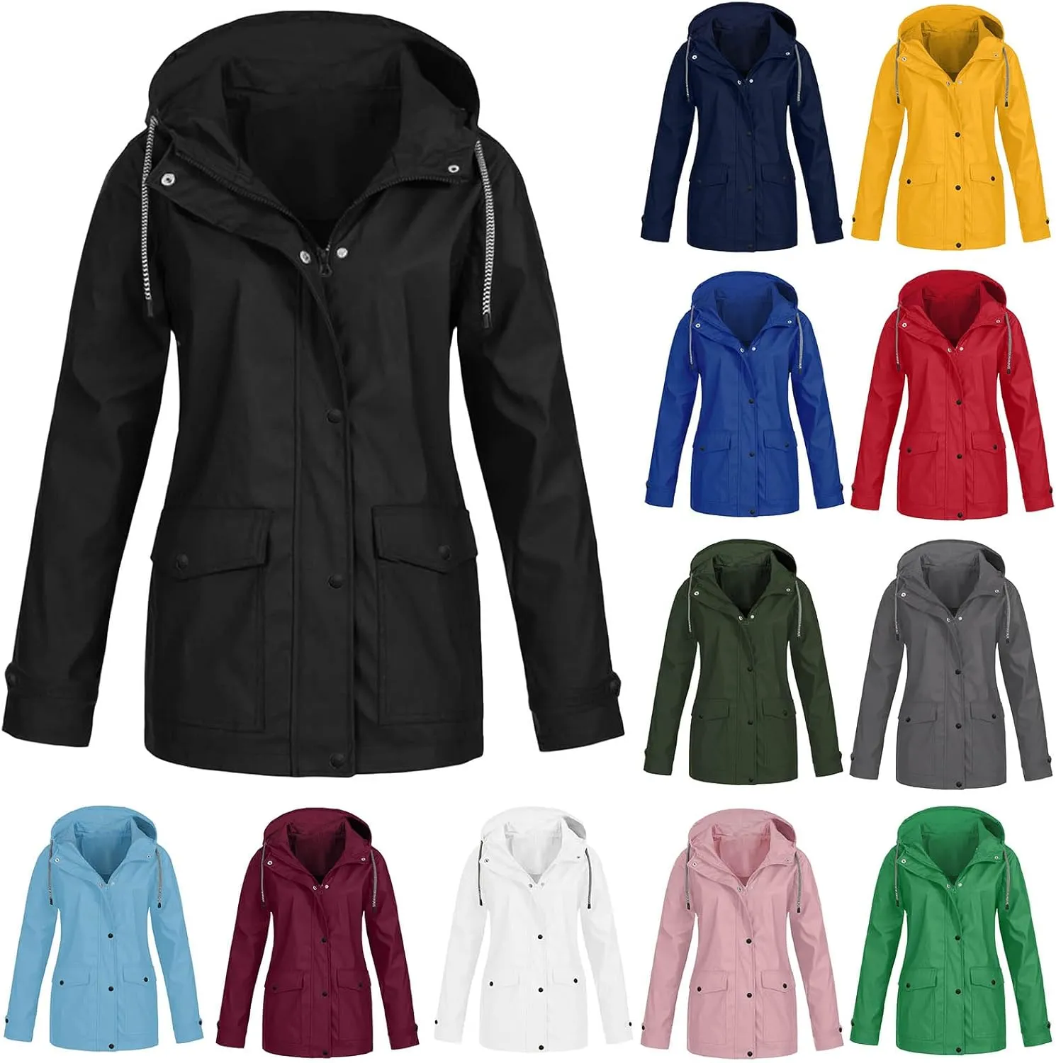 Womens Rain Jacket Lightweight Waterproof Windbreaker Mountain Jacket Zip Up Hooded Raincoats Outdoor Trench Coats