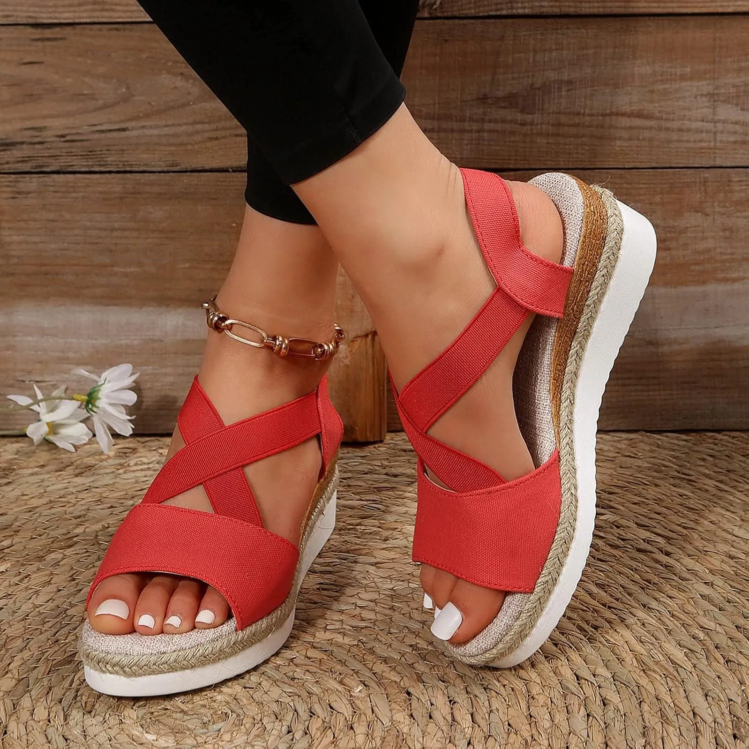 Women's Sandals 2024, Dressy Platform Wedges Espadrilles Open Toe Sandals Ankle Strap Slip On Orthopedic Sandals