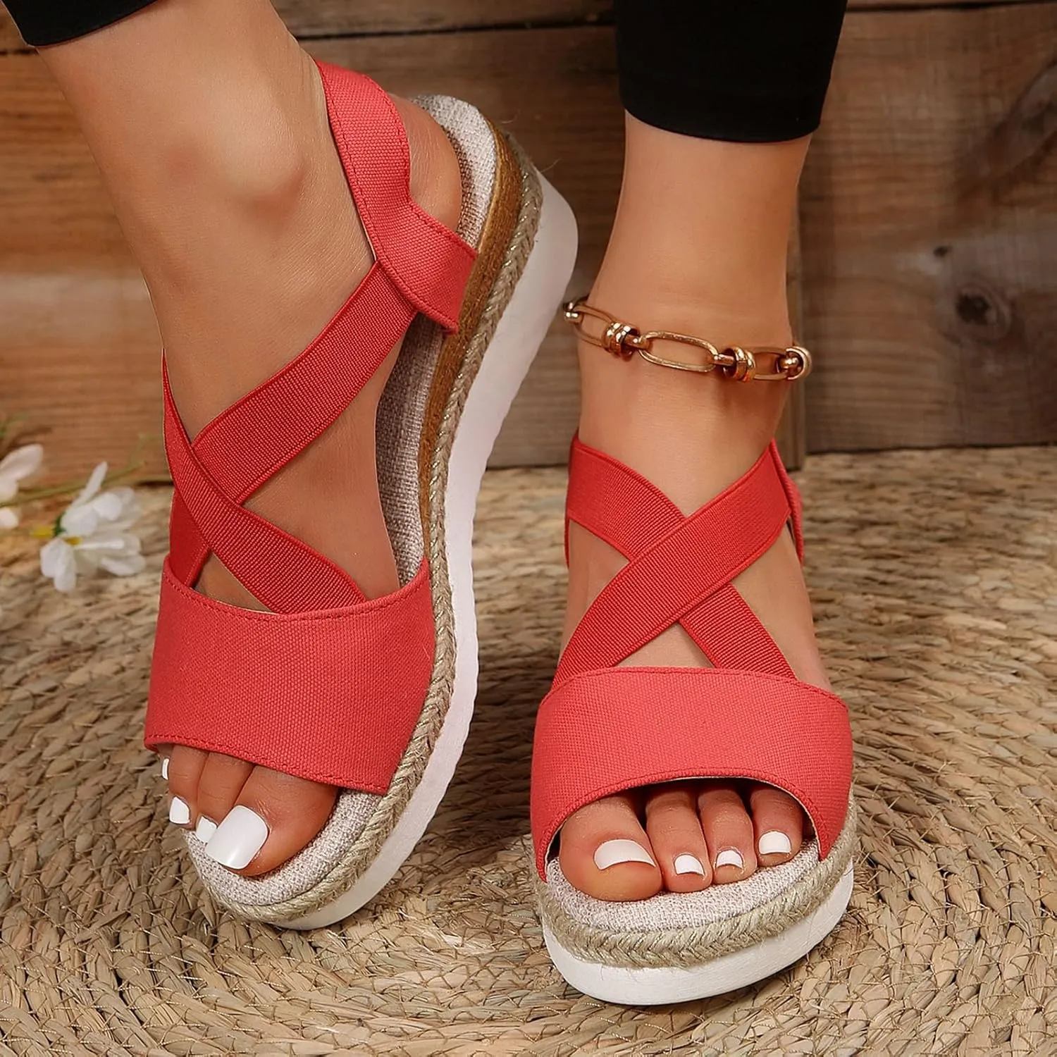 Women's Sandals 2024, Dressy Platform Wedges Espadrilles Open Toe Sandals Ankle Strap Slip On Orthopedic Sandals