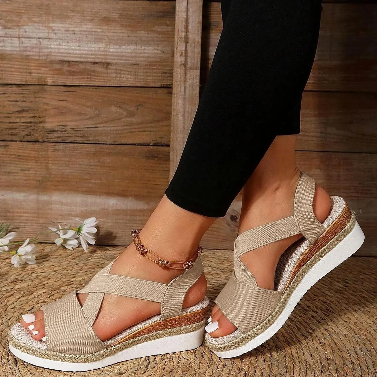 Women's Sandals 2024, Dressy Platform Wedges Espadrilles Open Toe Sandals Ankle Strap Slip On Orthopedic Sandals