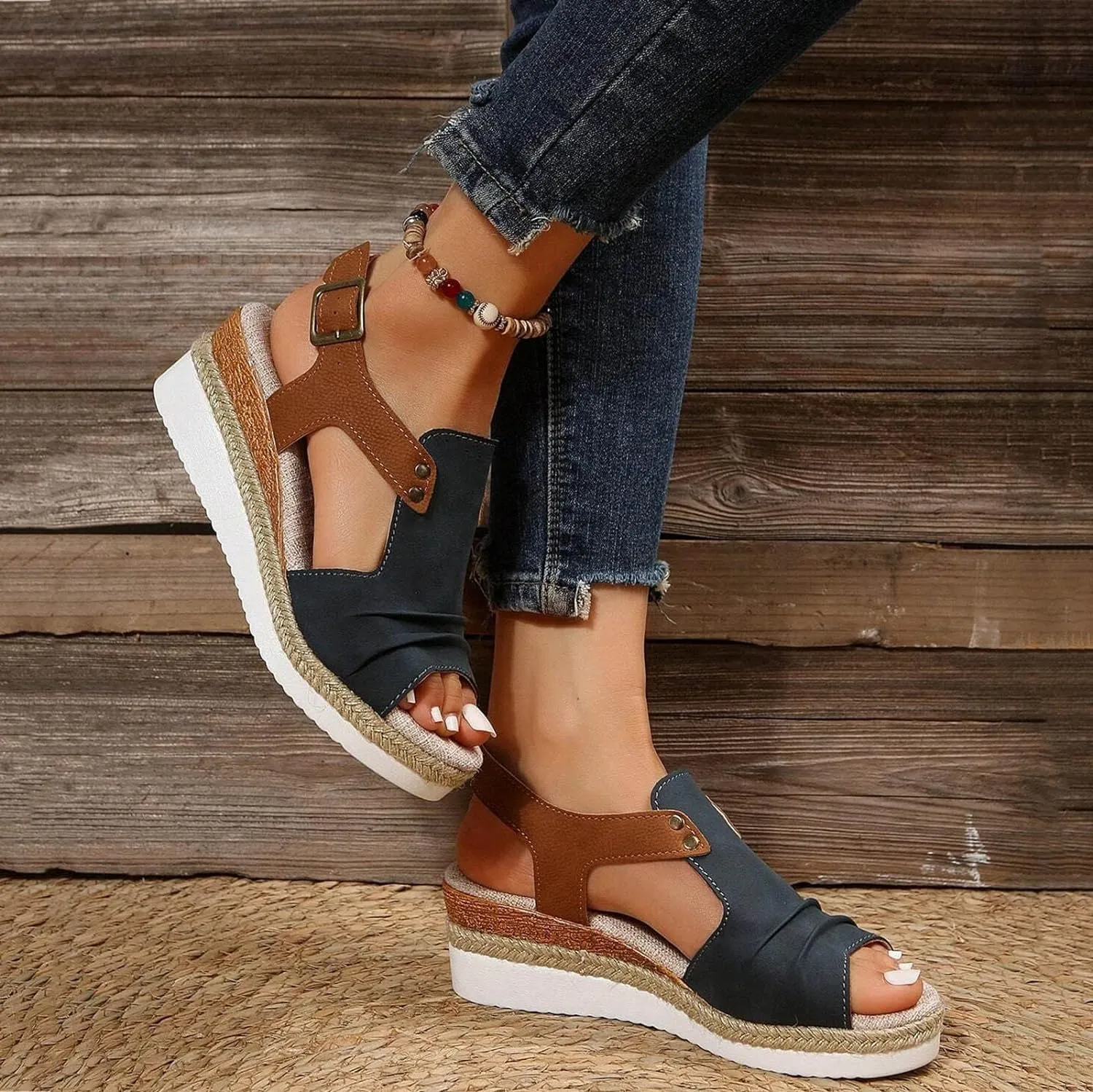 Womens Sandals 2024 Open Toe Wedge Espadrilles for Women Ankle Strap Orthopedic Dressy Summer Platform Sandals