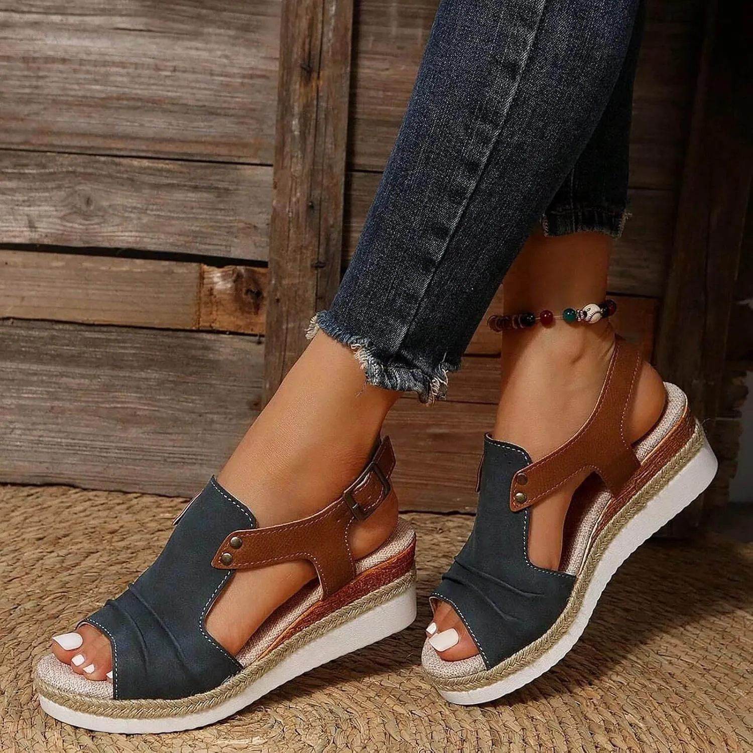 Womens Sandals 2024 Open Toe Wedge Espadrilles for Women Ankle Strap Orthopedic Dressy Summer Platform Sandals