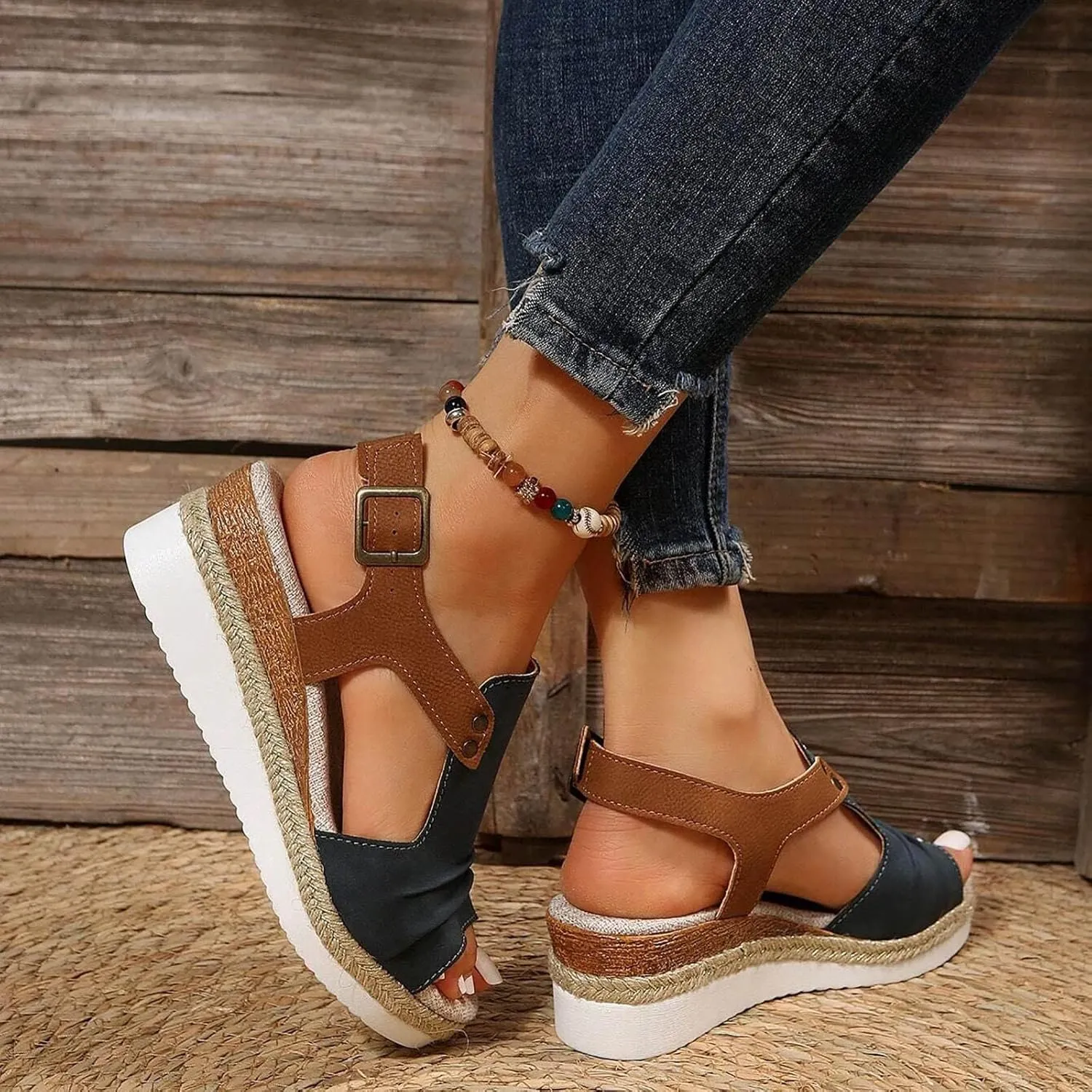 Womens Sandals 2024 Open Toe Wedge Espadrilles for Women Ankle Strap Orthopedic Dressy Summer Platform Sandals