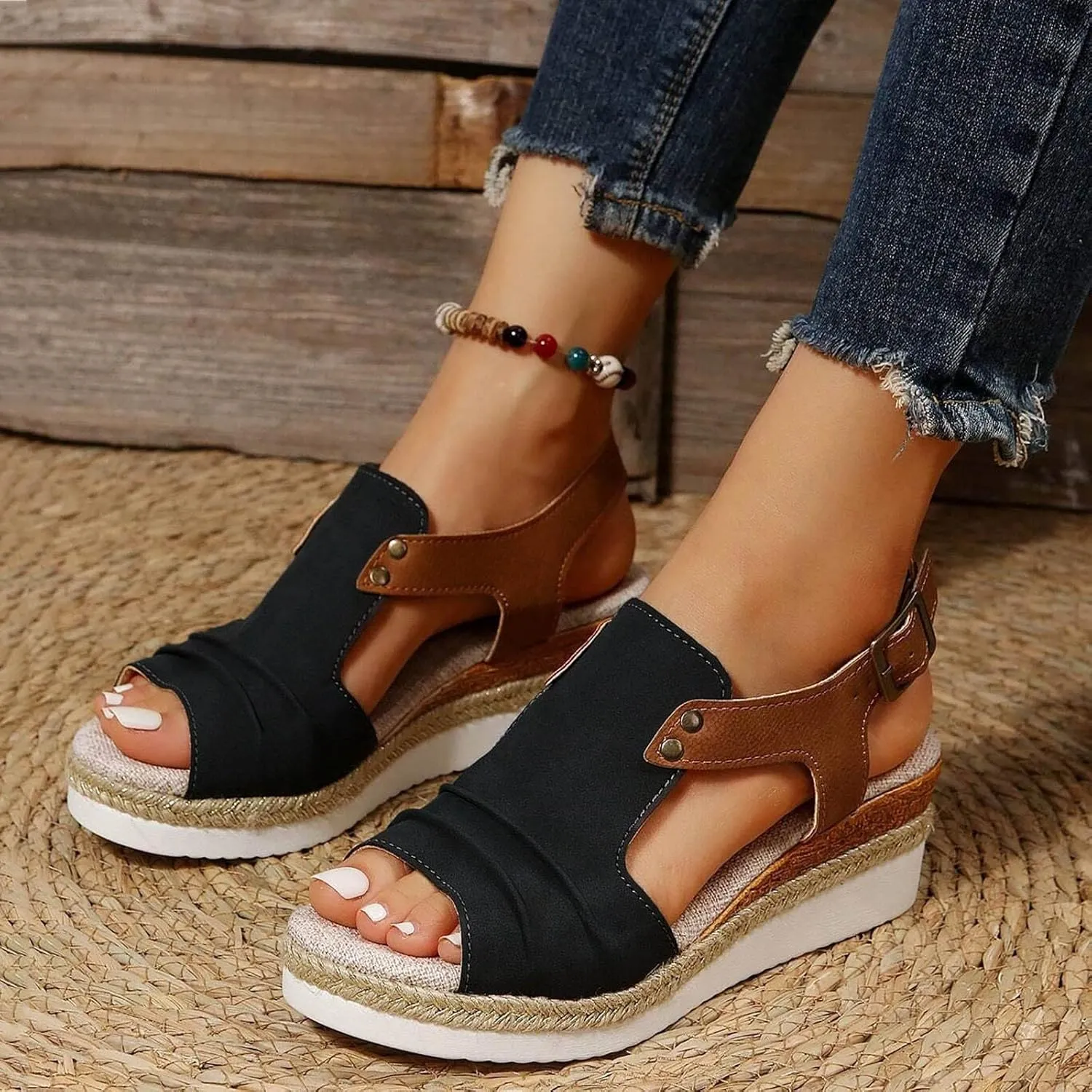 Womens Sandals 2024 Open Toe Wedge Espadrilles for Women Ankle Strap Orthopedic Dressy Summer Platform Sandals