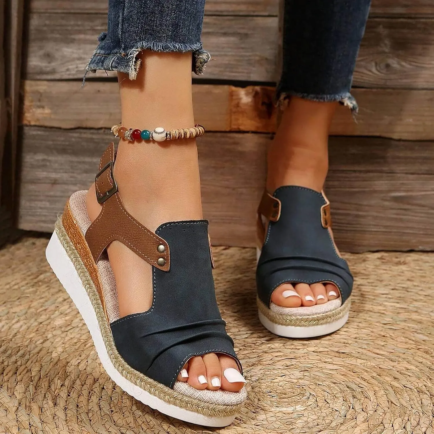 Womens Sandals 2024 Open Toe Wedge Espadrilles for Women Ankle Strap Orthopedic Dressy Summer Platform Sandals