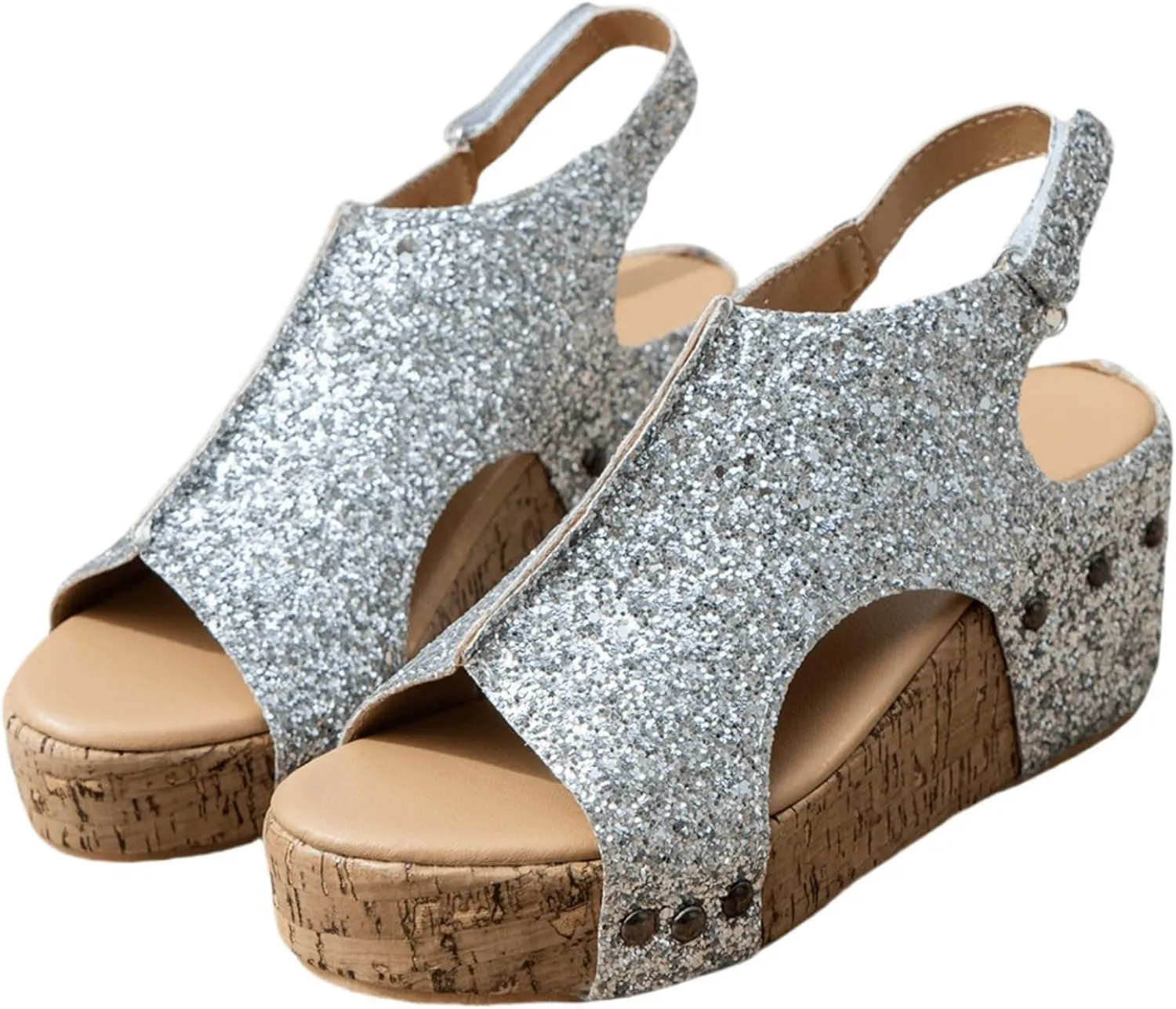 Women's Sandals Comfortable Walking Wedge Sandals Dressy Summer Open Toe Slip on Casual Sparkly Glitter Platform Dress Shoes