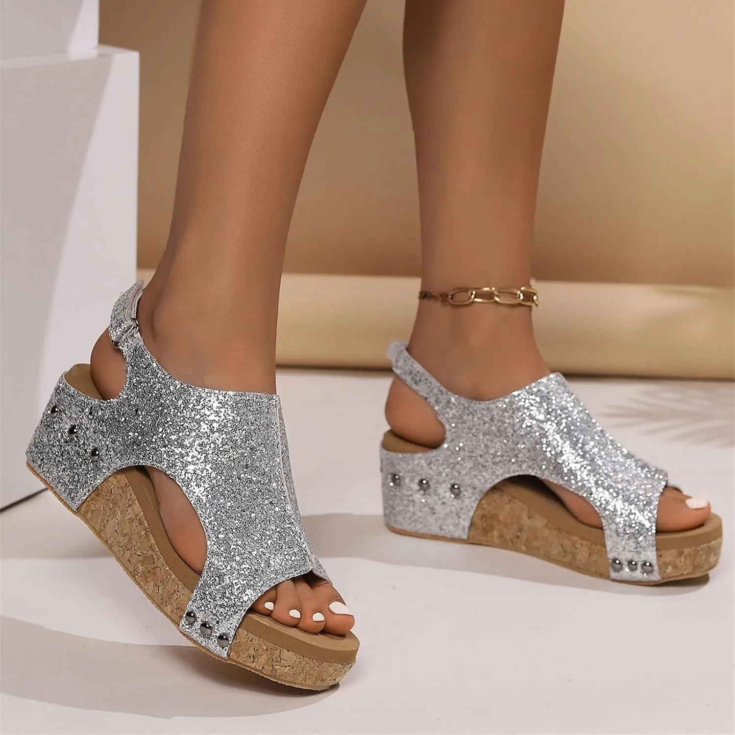 Women's Sandals Comfortable Walking Wedge Sandals Dressy Summer Open Toe Slip on Casual Sparkly Glitter Platform Dress Shoes
