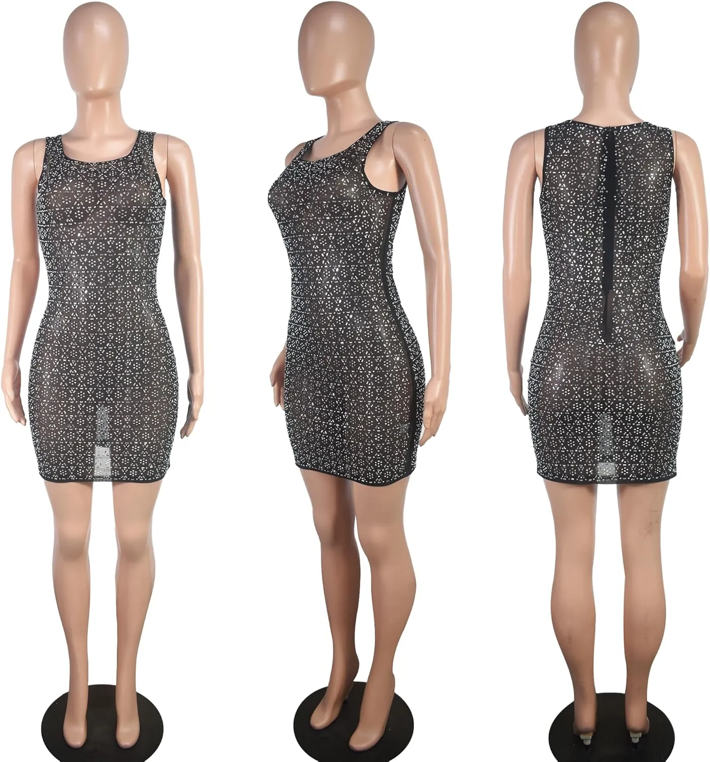 Women's Sexy Rhinestone Sheer Mesh See Through Bodycon Dress Birthday Party Club Night Outfits
