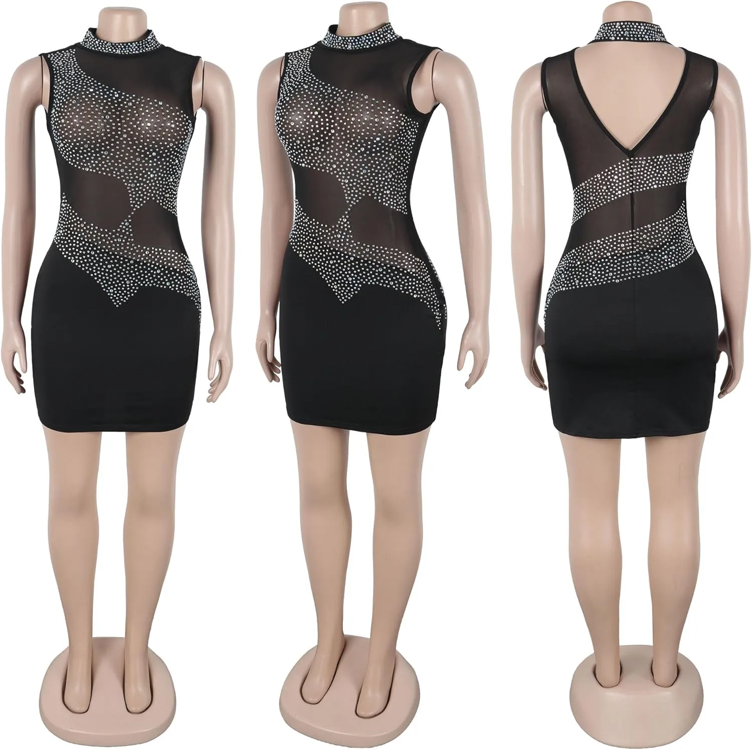 Women's Sexy Rhinestone Sheer Mesh See Through Bodycon Dress Birthday Party Club Night Outfits