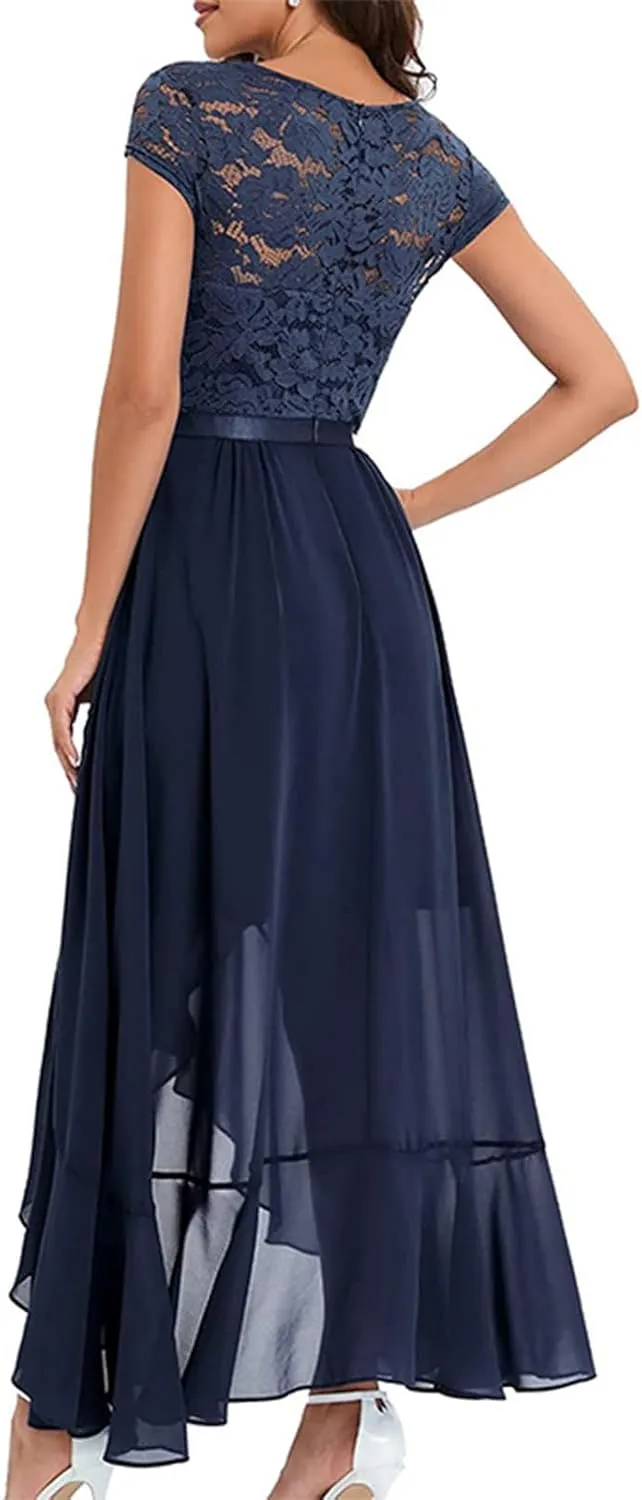 Women's Summer Bridesmaid Dresses Chiffon Wrap Sexy Summer Dresses V Neck Retro Lace Ruffle Midi Sundress