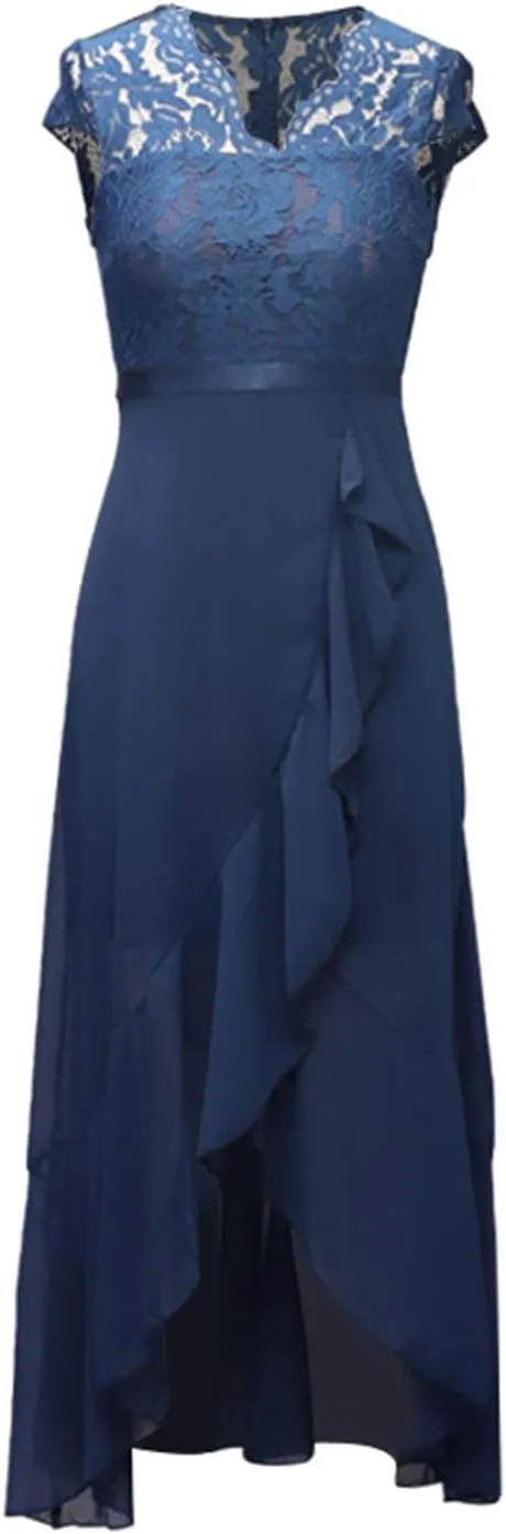 Women's Summer Bridesmaid Dresses Chiffon Wrap Sexy Summer Dresses V Neck Retro Lace Ruffle Midi Sundress