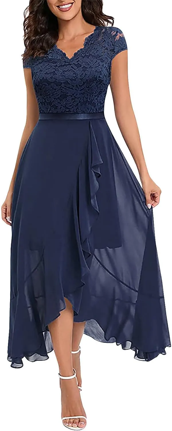 Women's Summer Bridesmaid Dresses Chiffon Wrap Sexy Summer Dresses V Neck Retro Lace Ruffle Midi Sundress