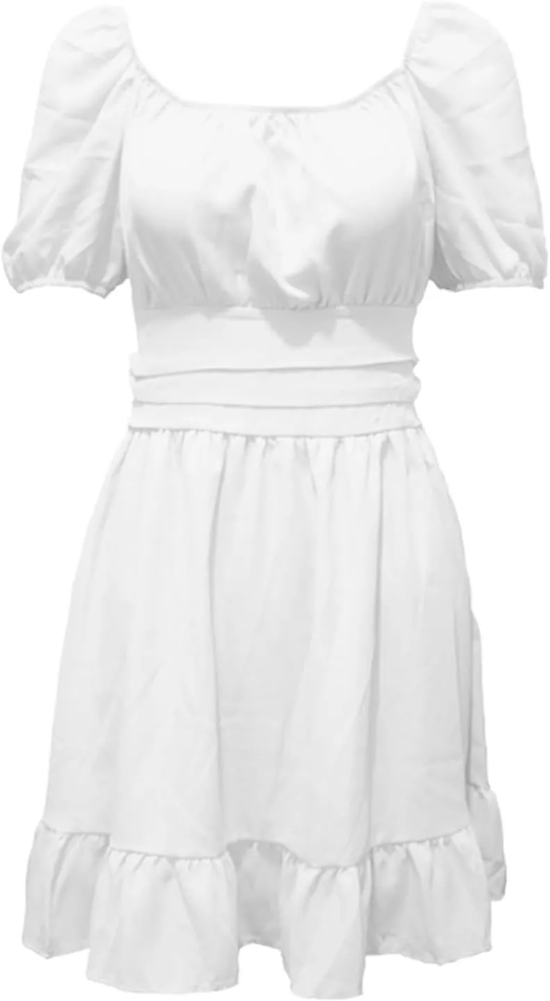 Womens Summer Sundress Tie Back Square Neck Short Puff Sleeve A-Line Mini Dress for Women Casual Travel Vacation Outfits