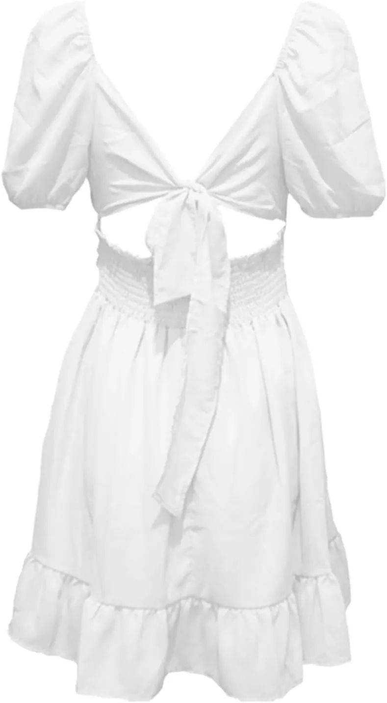 Womens Summer Sundress Tie Back Square Neck Short Puff Sleeve A-Line Mini Dress for Women Casual Travel Vacation Outfits