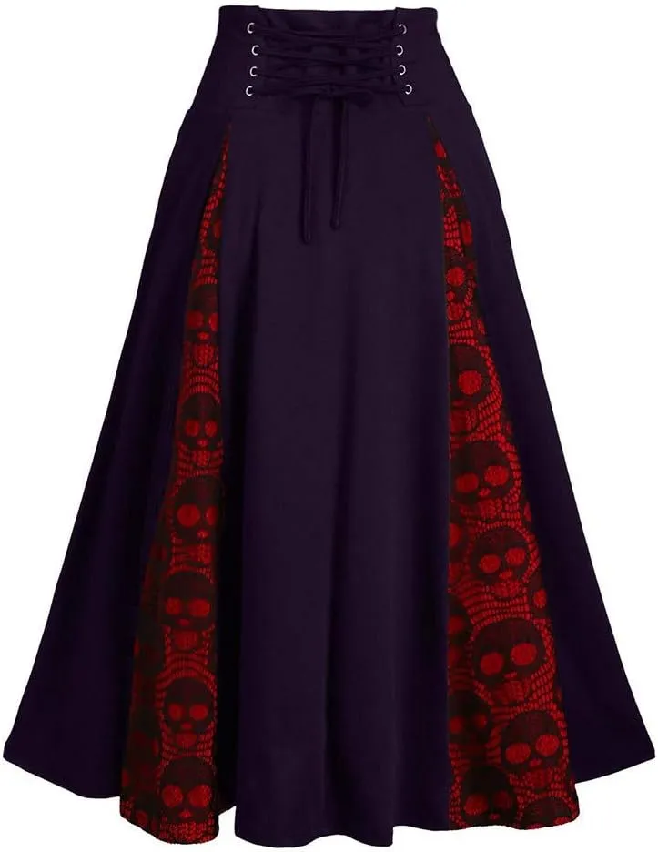 Women's Vintage Gothic Court Lace Stitching Wrap Skirt - Retro Gothic Pleated Asymmetric High Low Lace Ruffle Skirt