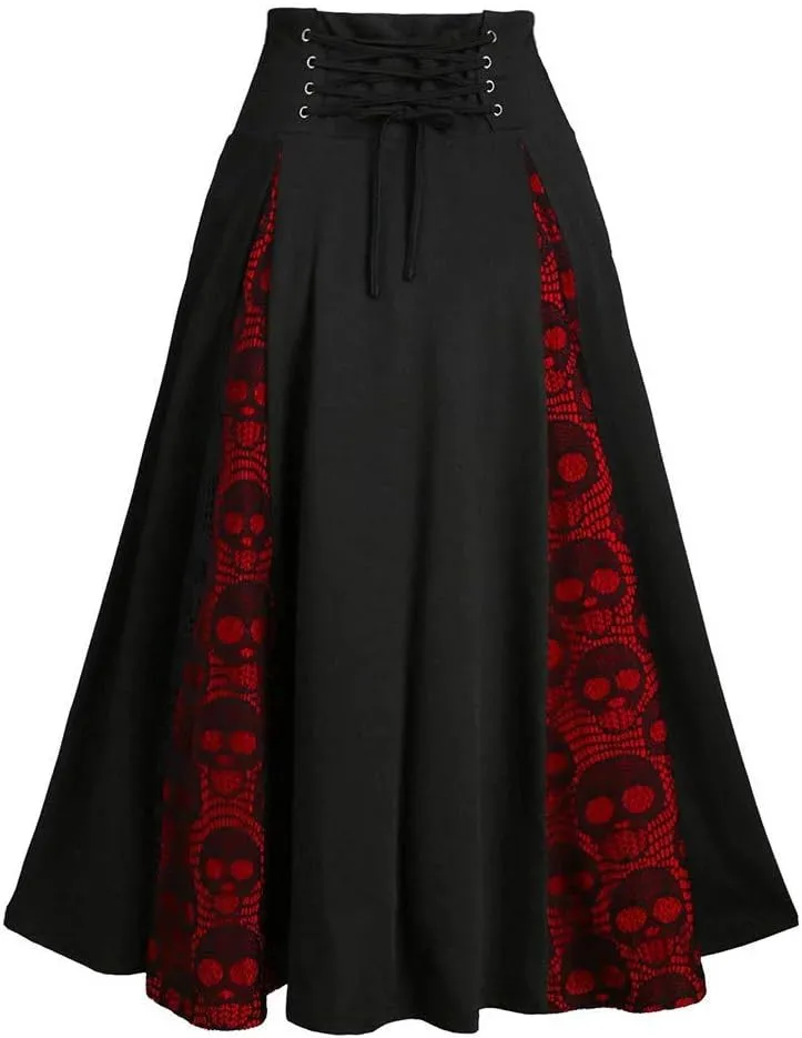 Women's Vintage Gothic Court Lace Stitching Wrap Skirt - Retro Gothic Pleated Asymmetric High Low Lace Ruffle Skirt