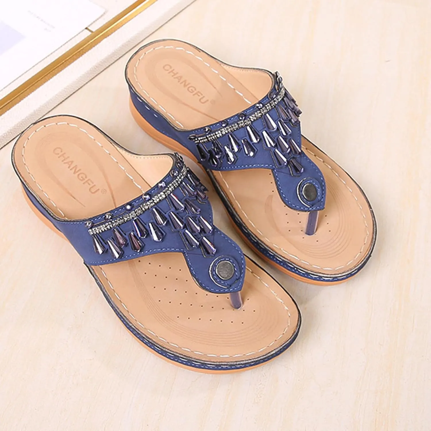 Womens Wedge Sandals Dressy Summer Comfortable Flip Flops with Arch Support Flower Hollow Thong Clip Toe Platform Sandals Shoes Lightweight Rhinestone Cushion Ladies Beach Shoes Slipper 2025