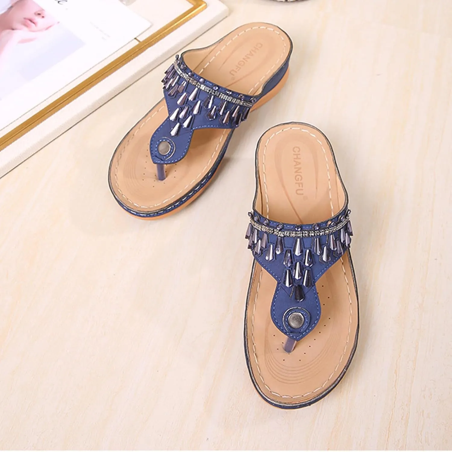 Womens Wedge Sandals Dressy Summer Comfortable Flip Flops with Arch Support Flower Hollow Thong Clip Toe Platform Sandals Shoes Lightweight Rhinestone Cushion Ladies Beach Shoes Slipper 2025
