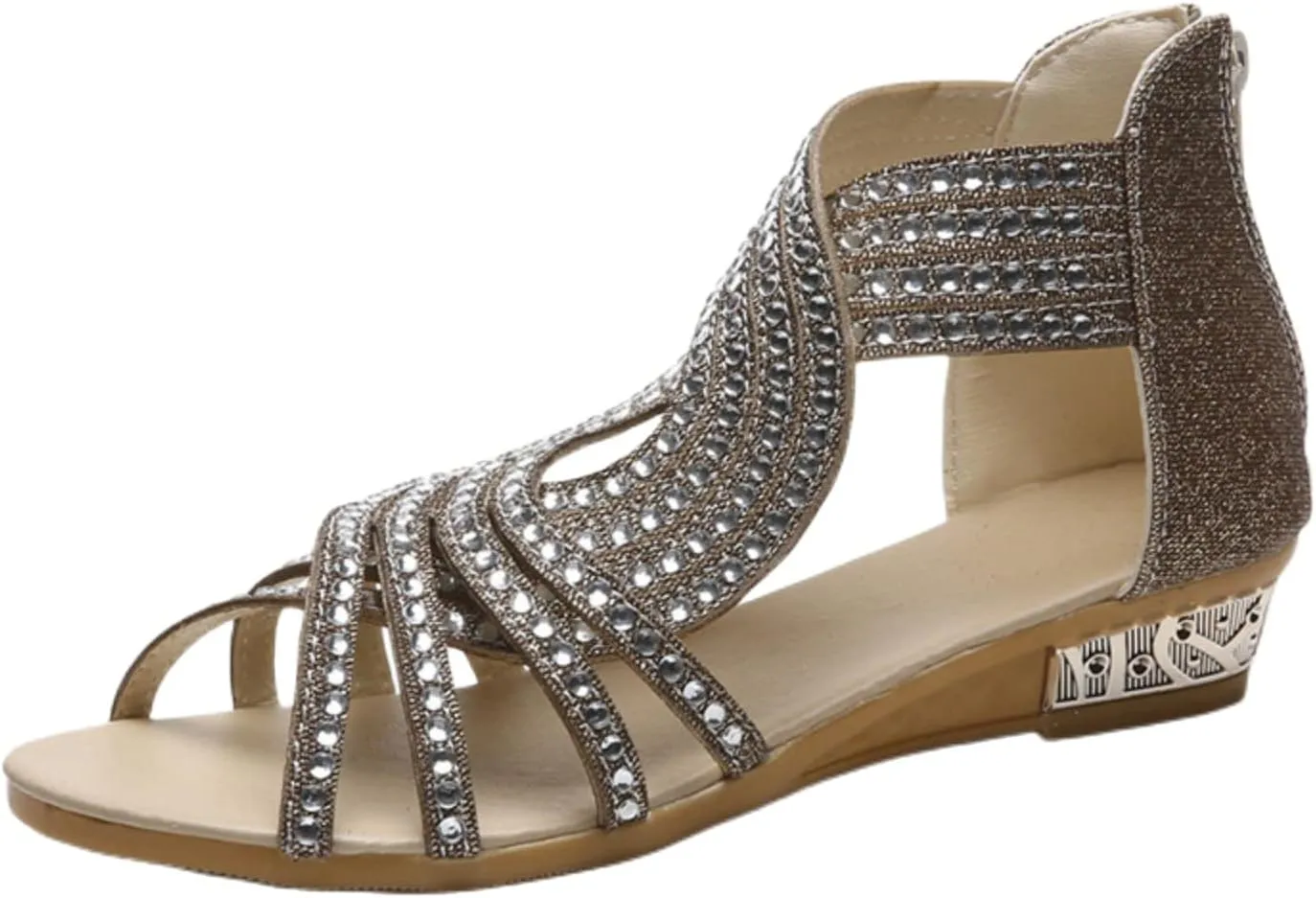 Womens Wedge Sandals Sparkly Rhinestone Open Toe Fashion Dressy Sandals Evening Wedding Prom Shoes, Hollow Out Zipper Casual Dress Shoes