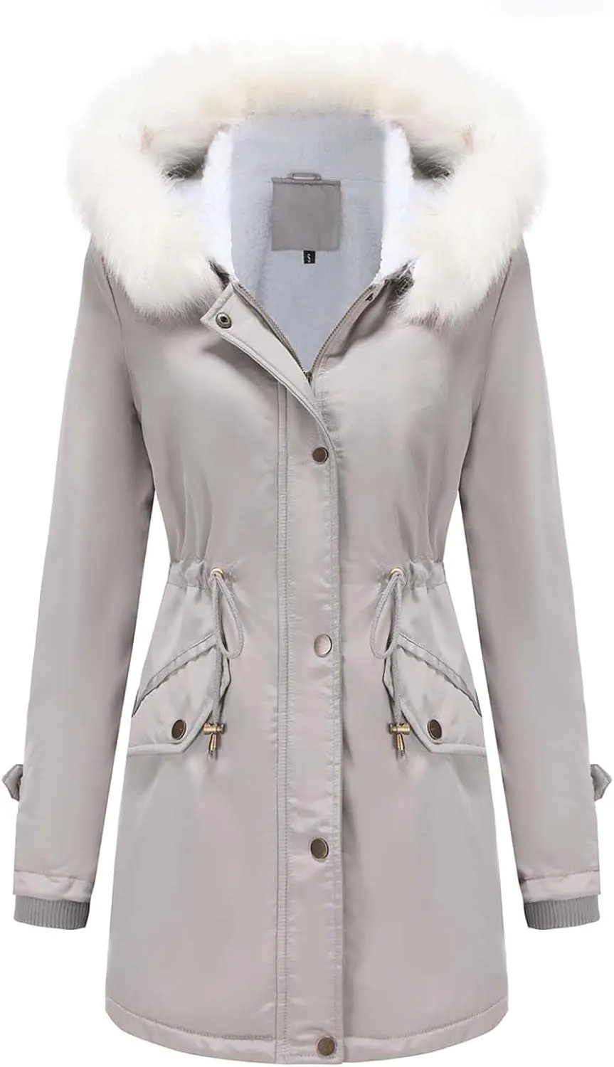 Womens Winter Coats Fleece Wram Lined Parka Thicken Waterproof Trench Long Puffer Jacket Down Coat Faux Fur Hooded