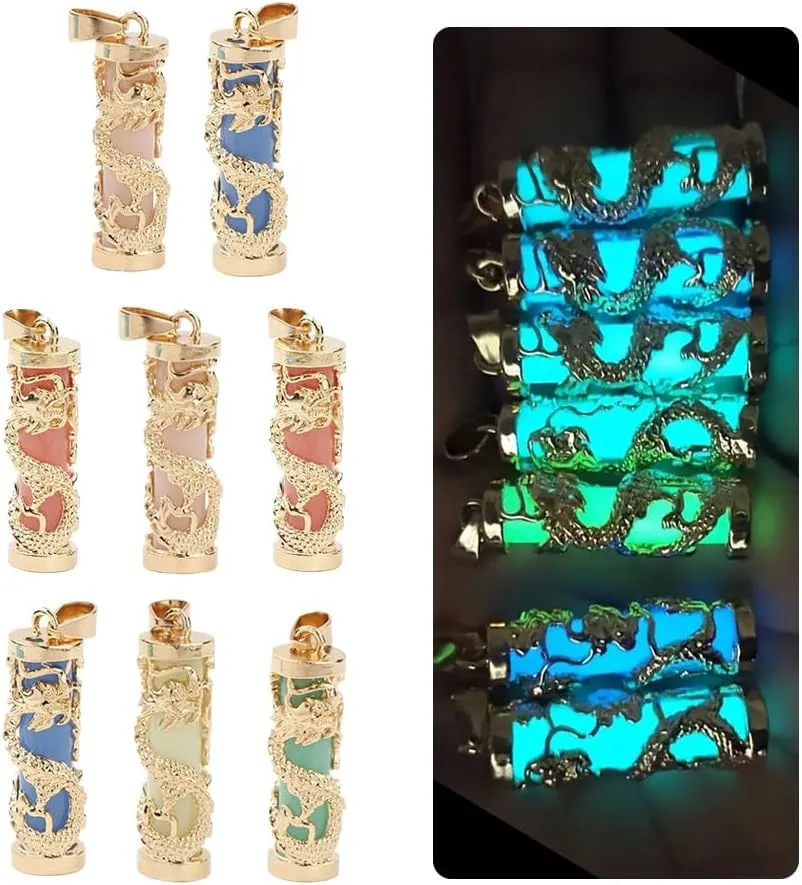 Ximimark 8pcs Dazzling Dragon Pillar Charms - Phoenix-Emblazoned Jade-Style Stone Pendants - Mesmerizing Glow-in-the-Dark Jewelry Set for Men & Women