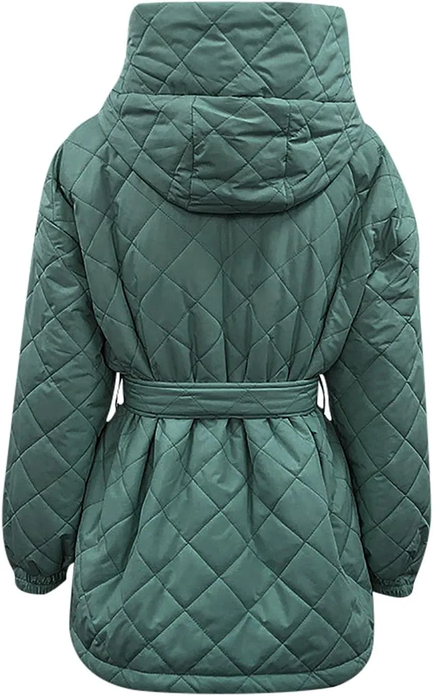 XUNRYAN Womens Quilted Lightweight Jackets Fashion Winter Warm Down Coats Puffer Parka Kimono Coat Anoraks Outerwear w Belt