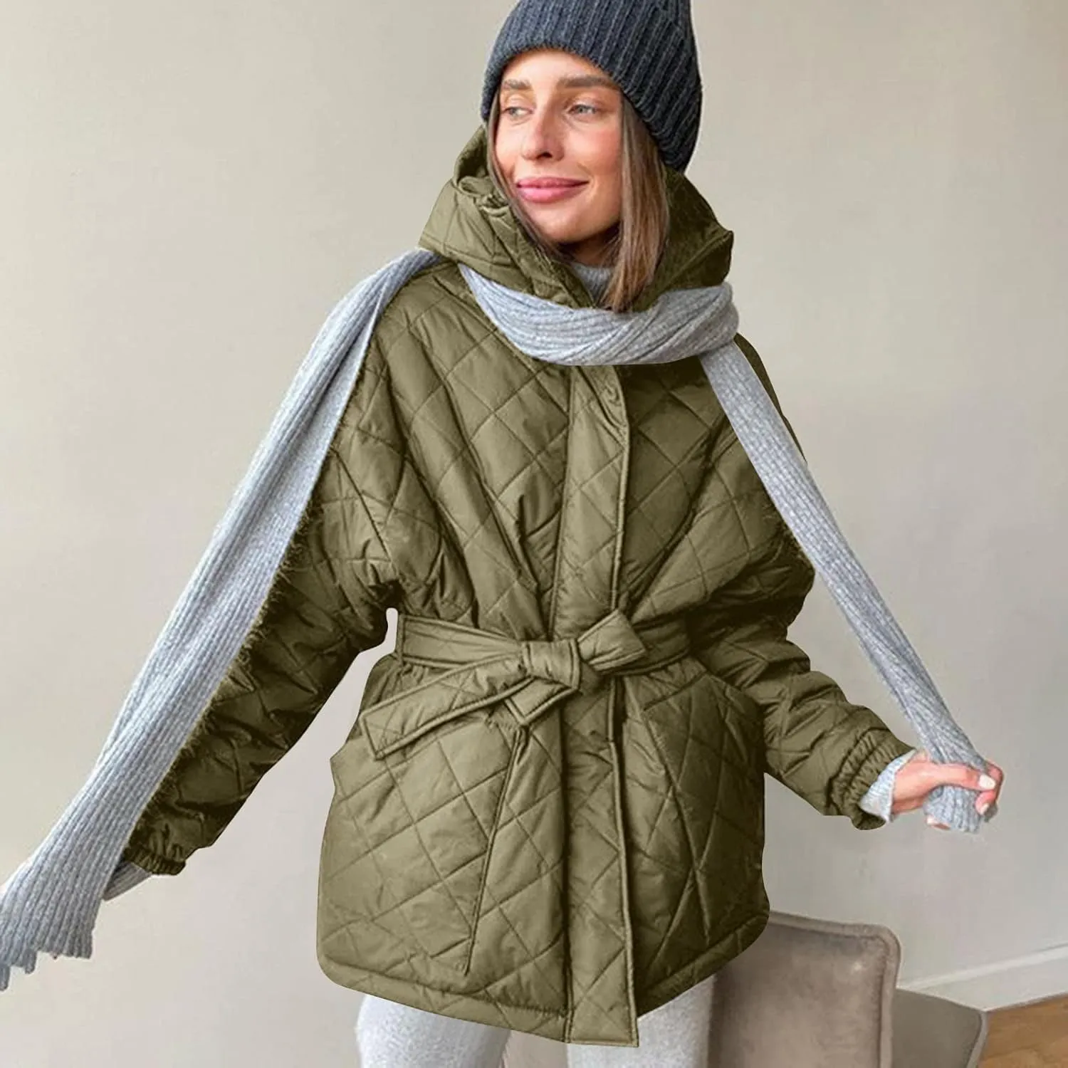 XUNRYAN Womens Quilted Lightweight Jackets Fashion Winter Warm Down Coats Puffer Parka Kimono Coat Anoraks Outerwear w Belt