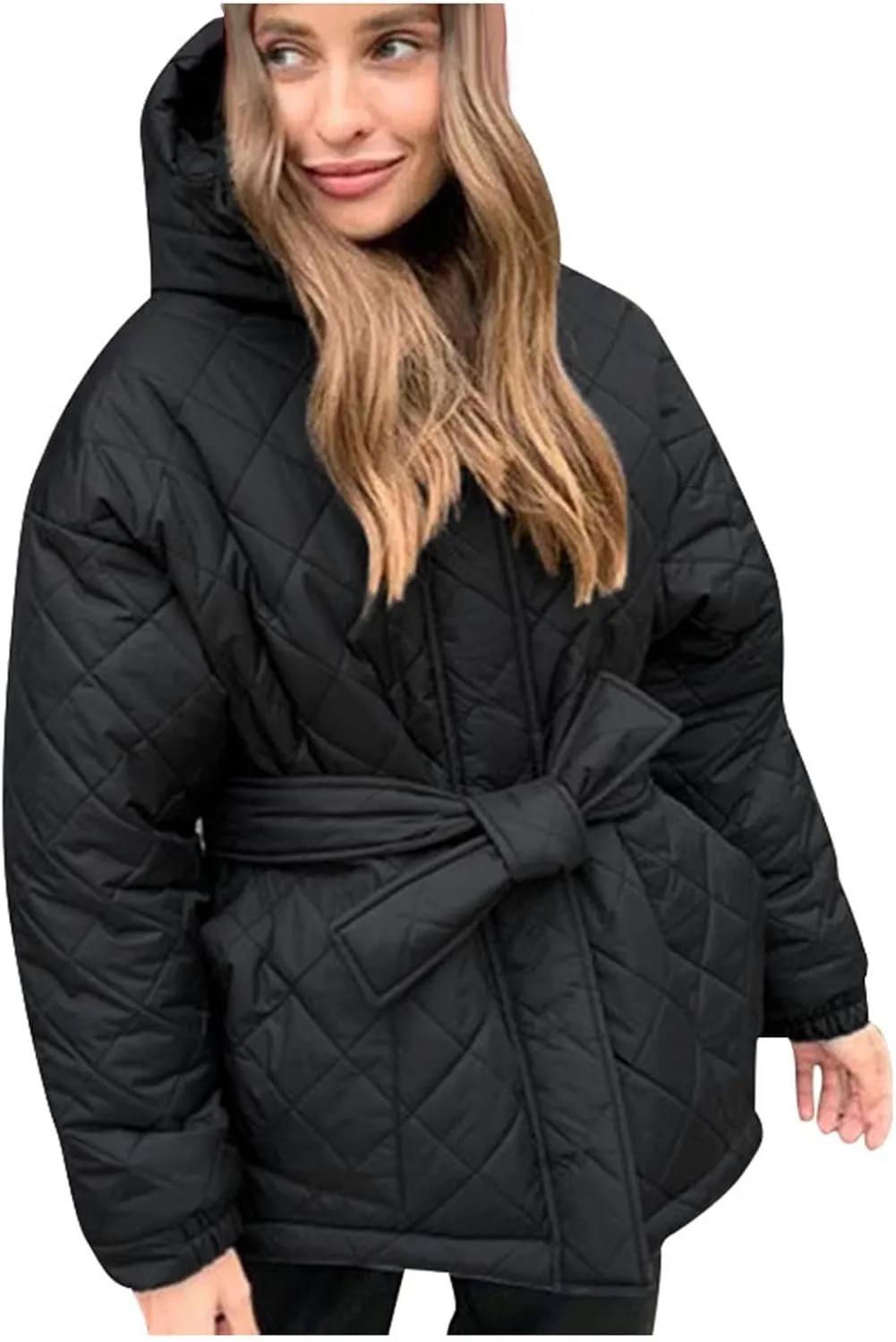 XUNRYAN Womens Quilted Lightweight Jackets Fashion Winter Warm Down Coats Puffer Parka Kimono Coat Anoraks Outerwear w Belt