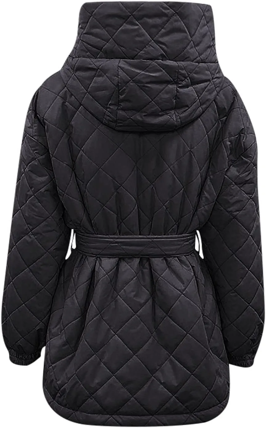 XUNRYAN Womens Quilted Lightweight Jackets Fashion Winter Warm Down Coats Puffer Parka Kimono Coat Anoraks Outerwear w Belt