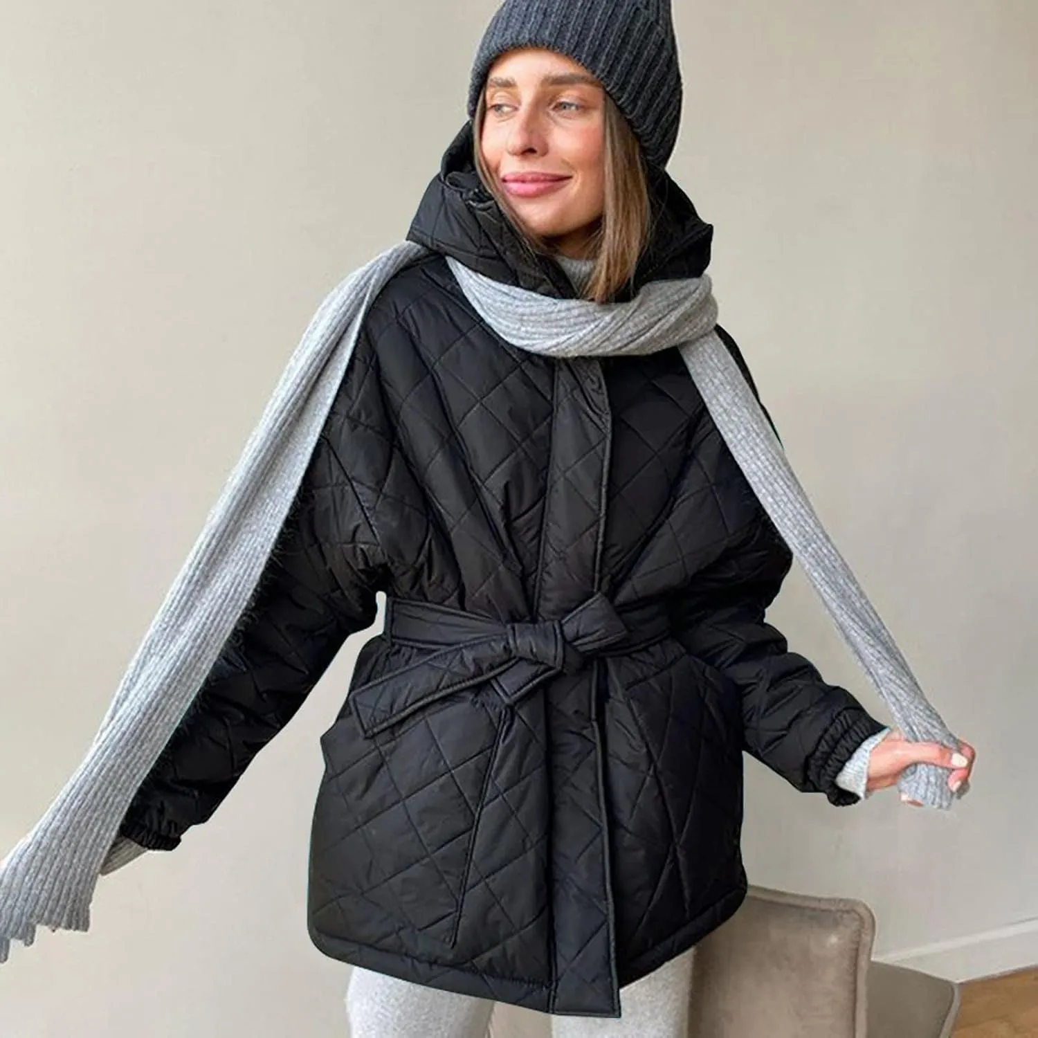 XUNRYAN Womens Quilted Lightweight Jackets Fashion Winter Warm Down Coats Puffer Parka Kimono Coat Anoraks Outerwear w Belt