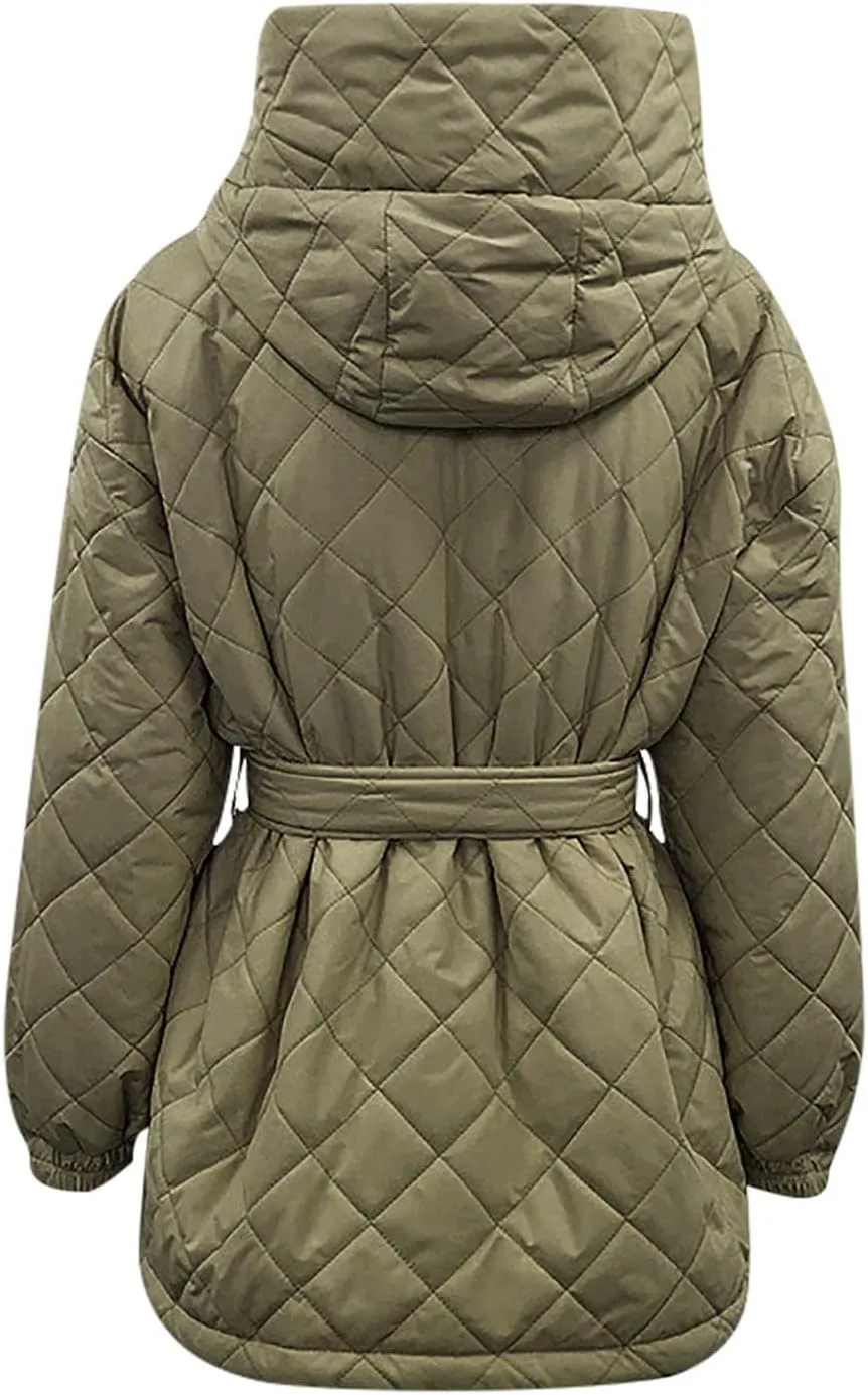 XUNRYAN Womens Quilted Lightweight Jackets Fashion Winter Warm Down Coats Puffer Parka Kimono Coat Anoraks Outerwear w Belt