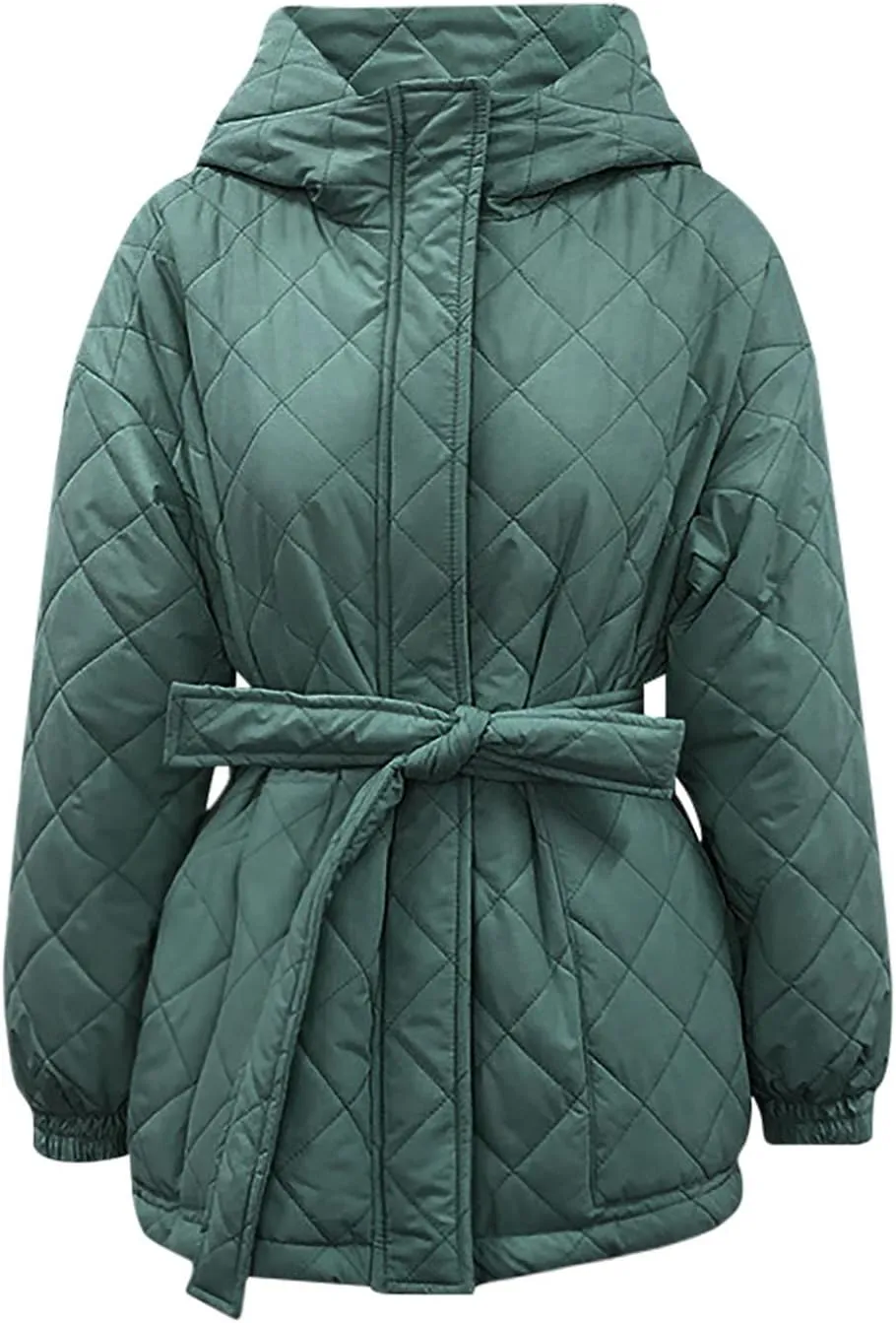 XUNRYAN Womens Quilted Lightweight Jackets Fashion Winter Warm Down Coats Puffer Parka Kimono Coat Anoraks Outerwear w Belt
