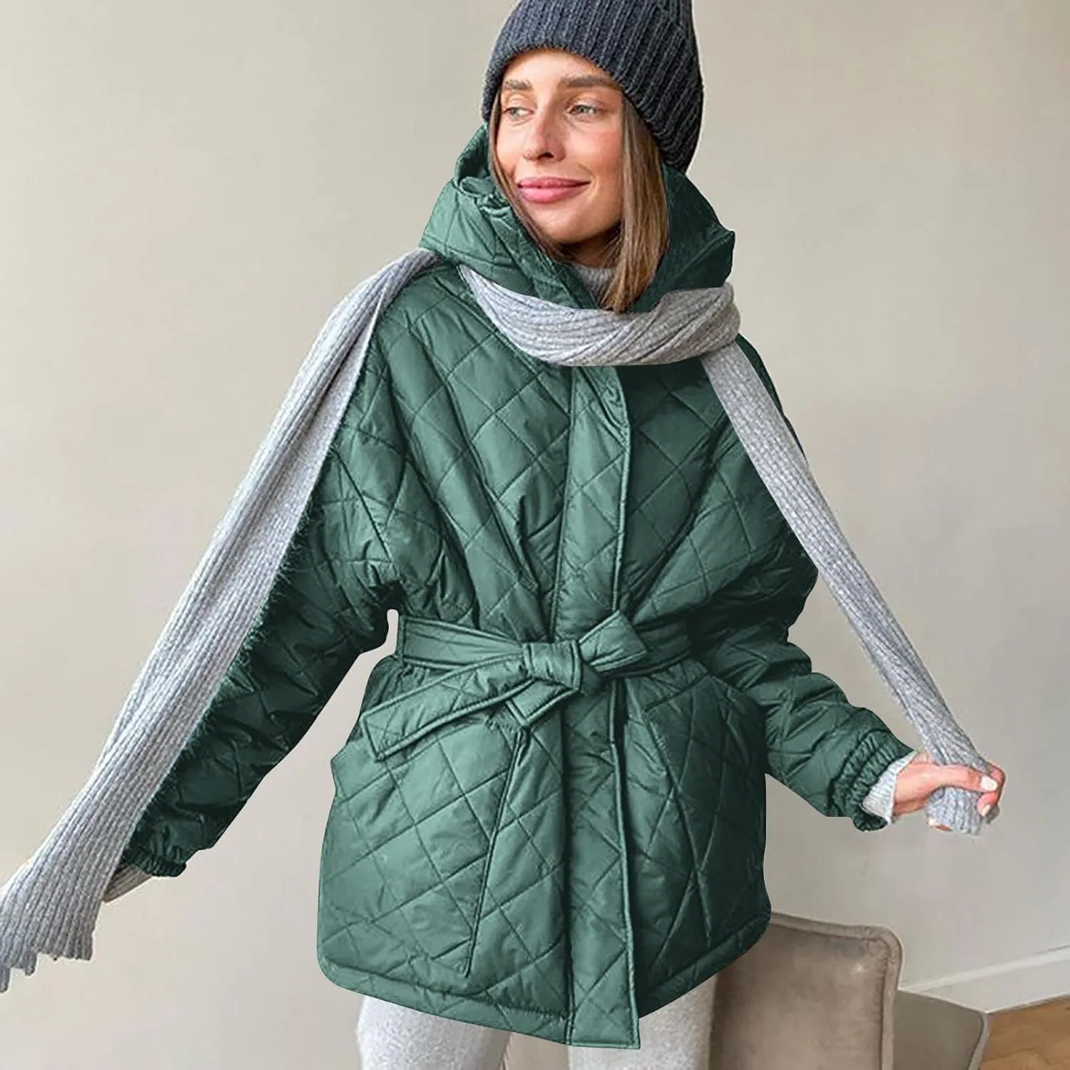 XUNRYAN Womens Quilted Lightweight Jackets Fashion Winter Warm Down Coats Puffer Parka Kimono Coat Anoraks Outerwear w Belt