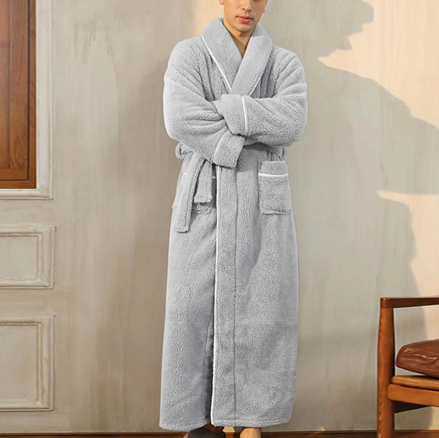 XUNRYAN Womens Robes Thicken Winter Warm Coat Fleece Plush Bathrobes Female Kimono Coat Open Front Cardigans Maxi Long Coat