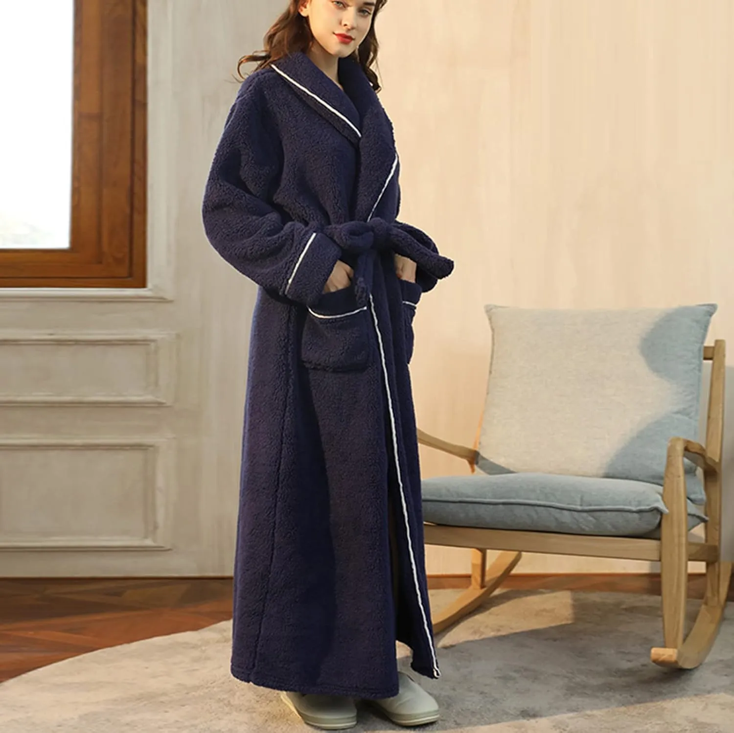 XUNRYAN Womens Robes Thicken Winter Warm Coat Fleece Plush Bathrobes Female Kimono Coat Open Front Cardigans Maxi Long Coat