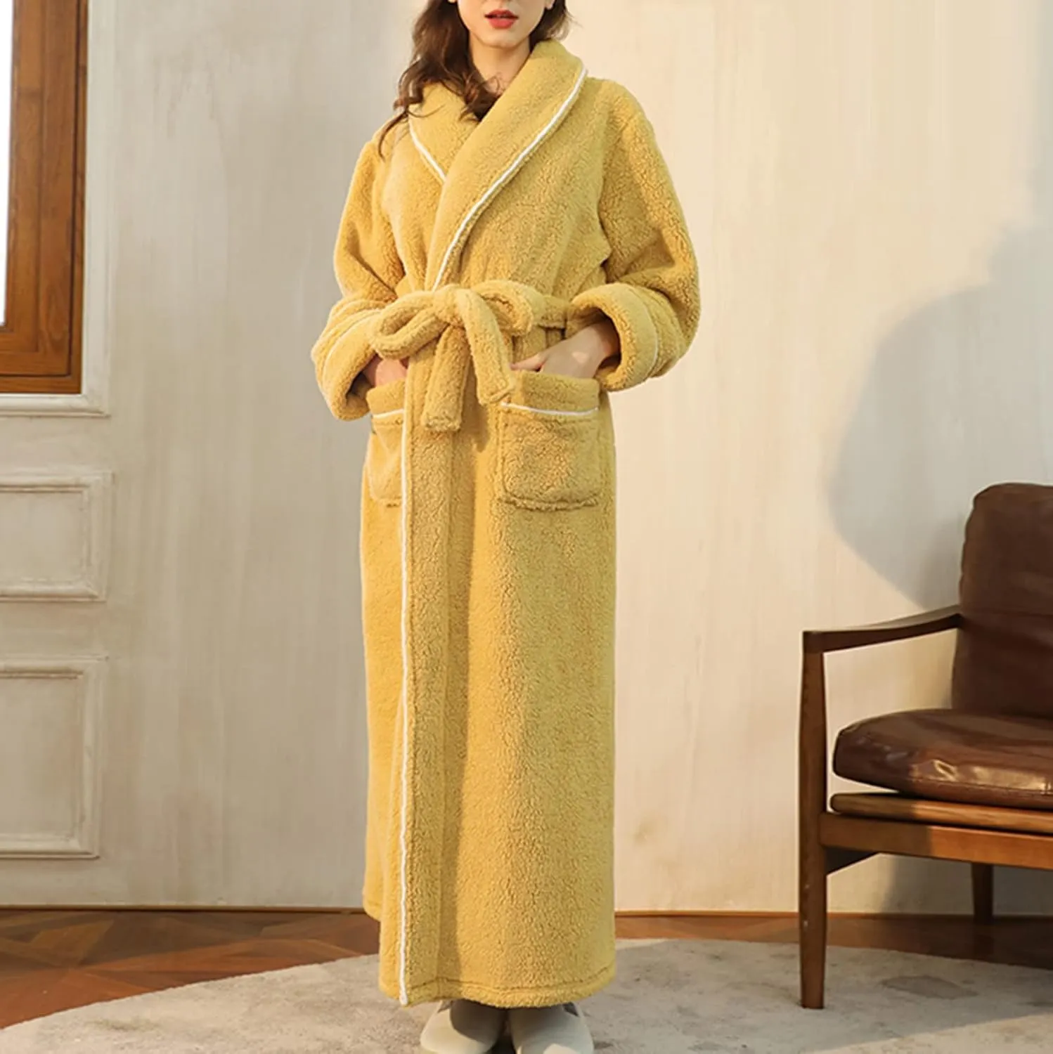 XUNRYAN Womens Robes Thicken Winter Warm Coat Fleece Plush Bathrobes Female Kimono Coat Open Front Cardigans Maxi Long Coat