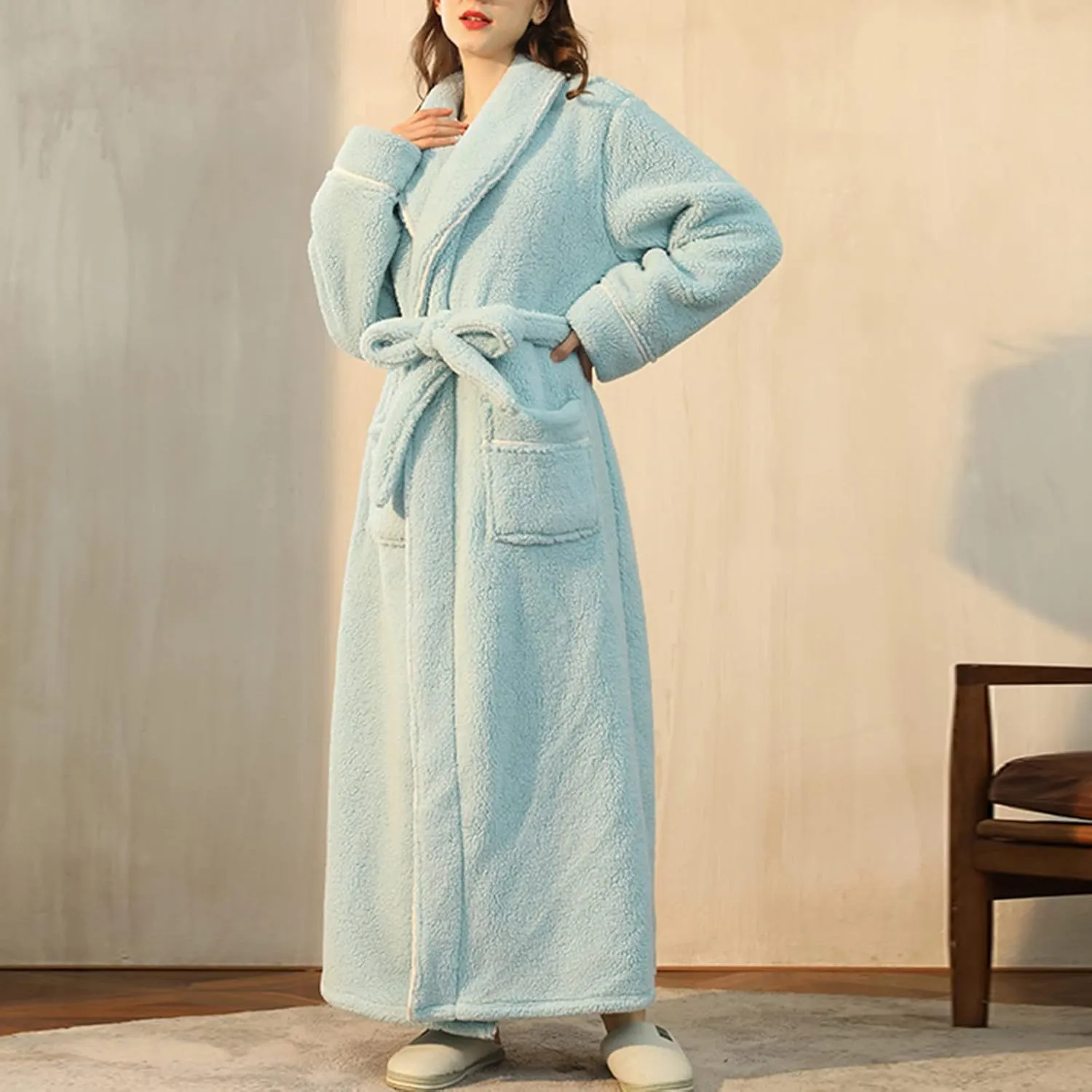 XUNRYAN Womens Robes Thicken Winter Warm Coat Fleece Plush Bathrobes Female Kimono Coat Open Front Cardigans Maxi Long Coat