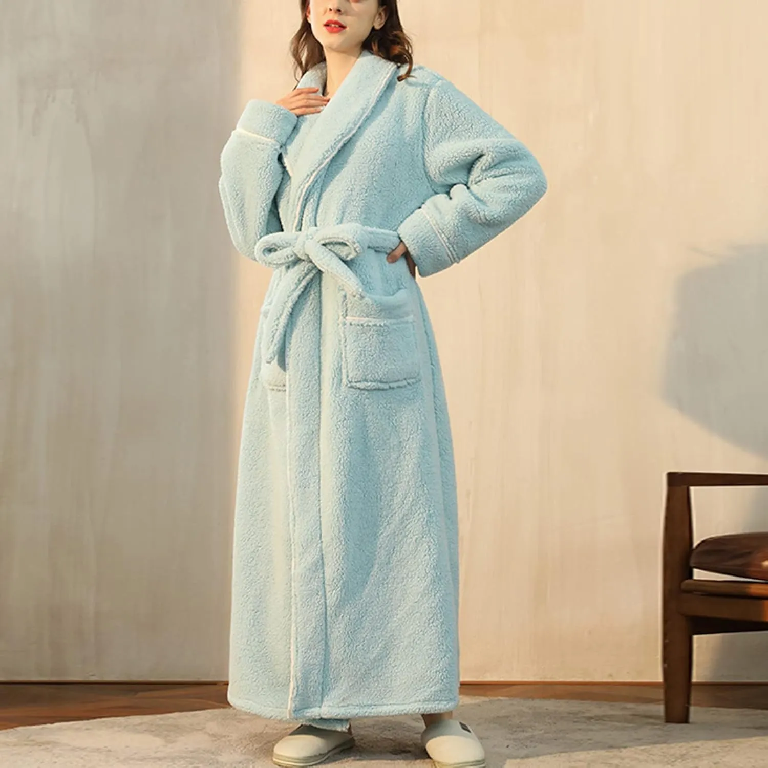 XUNRYAN Womens Robes Thicken Winter Warm Coat Fleece Plush Bathrobes Female Kimono Coat Open Front Cardigans Maxi Long Coat